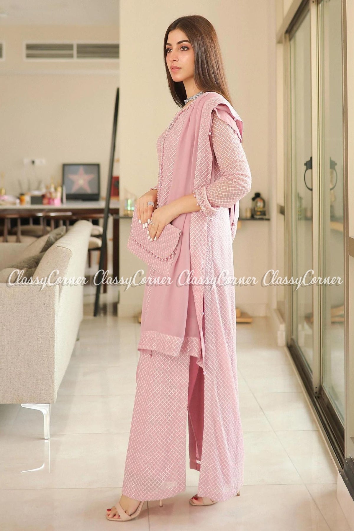 Tea Pink Chiffon Pakistani Party Wear Salwar Kameez