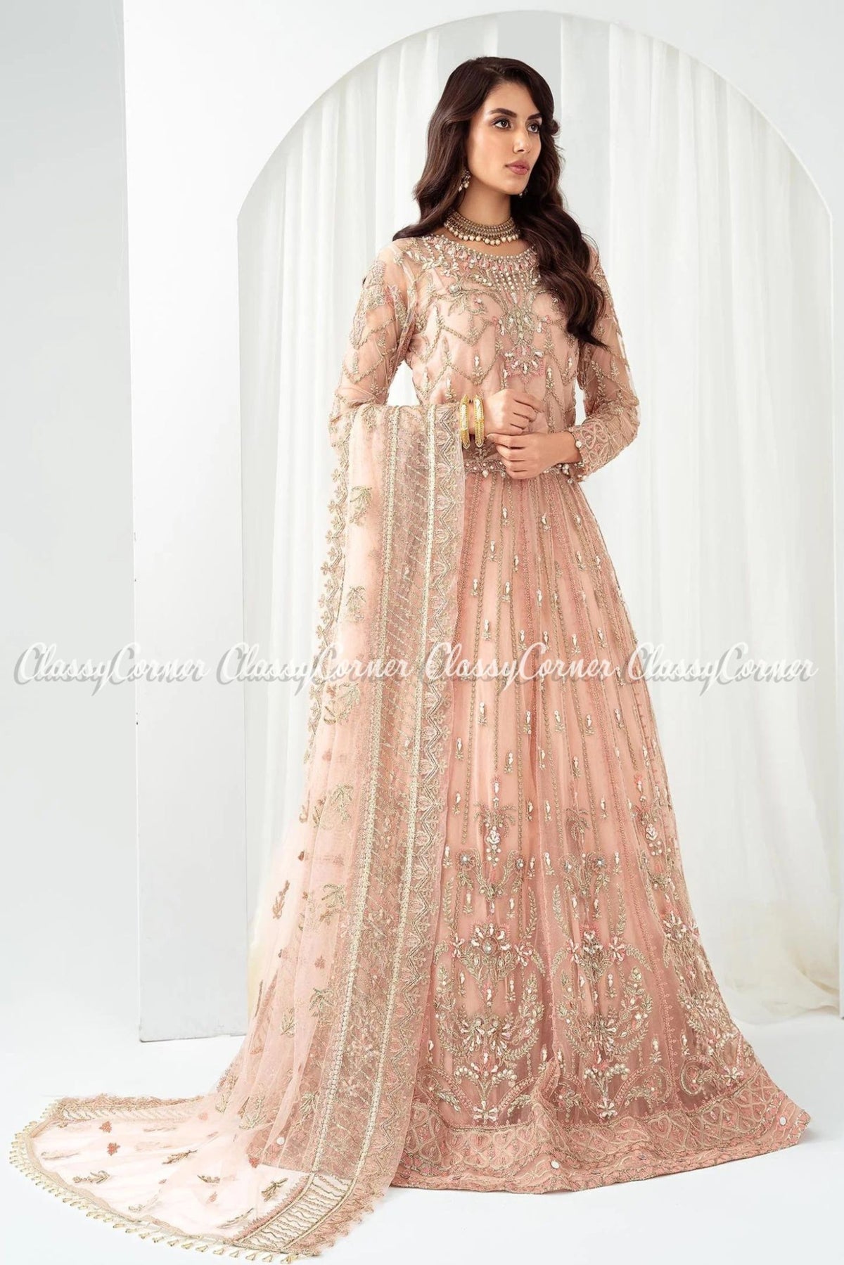 Pink Silver Net Embellished Wedding Wear Gown