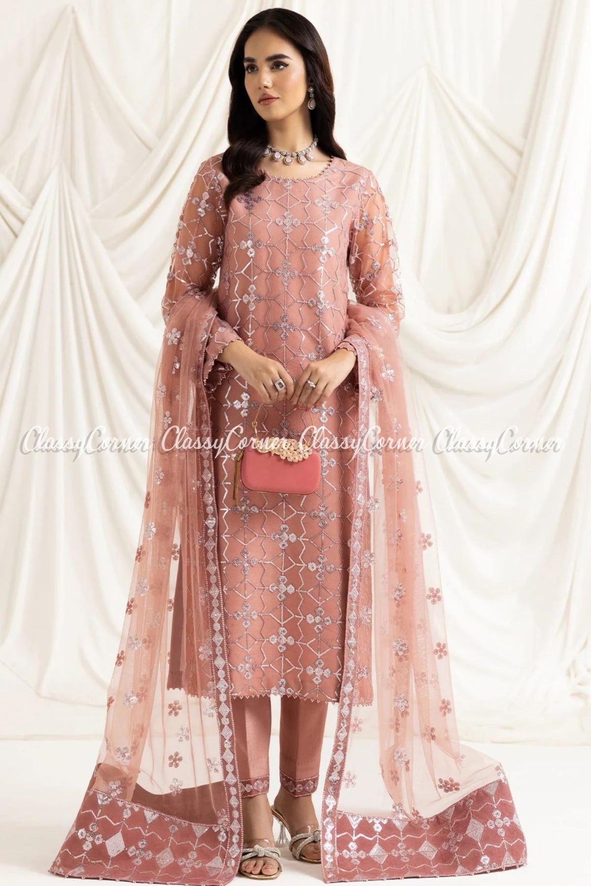 Pink Silver Embroidered Net Salwar Kameez