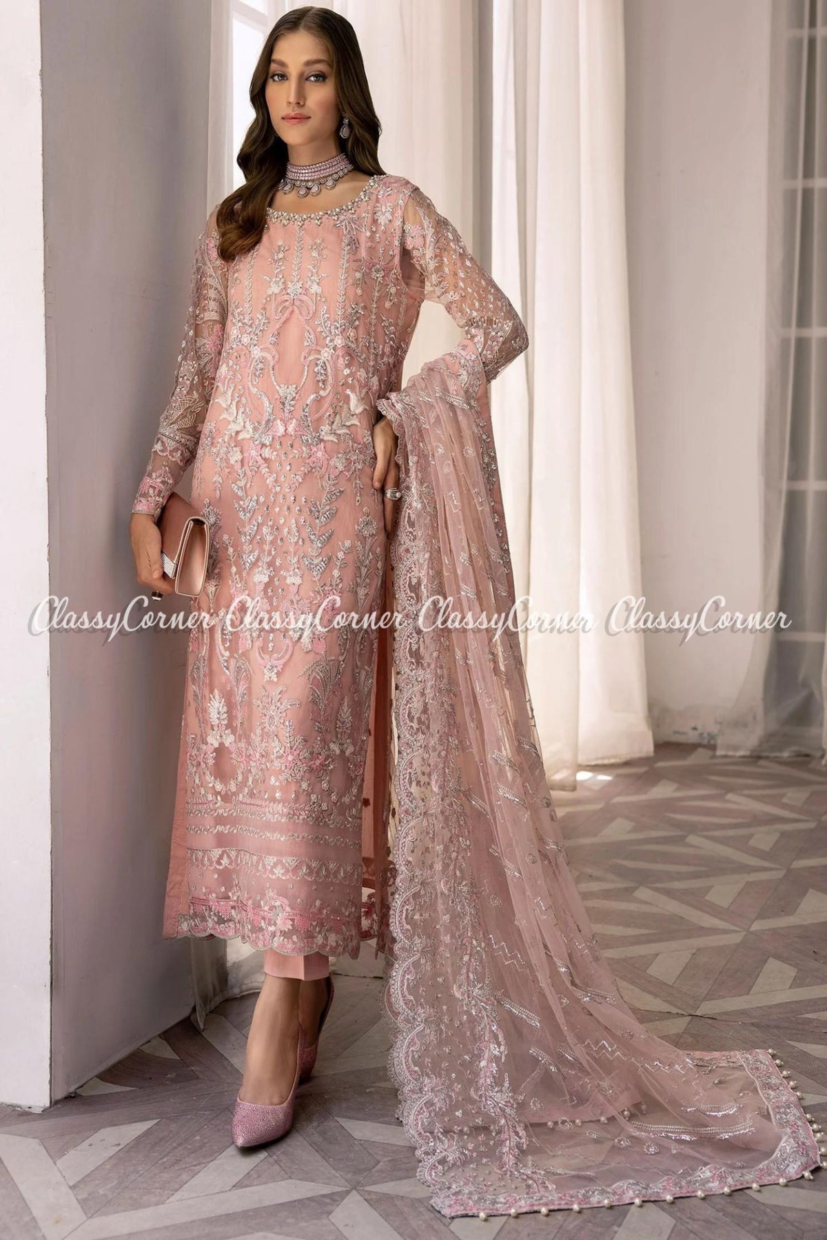 Pink Silver Net Embroidered Salwar Kameez