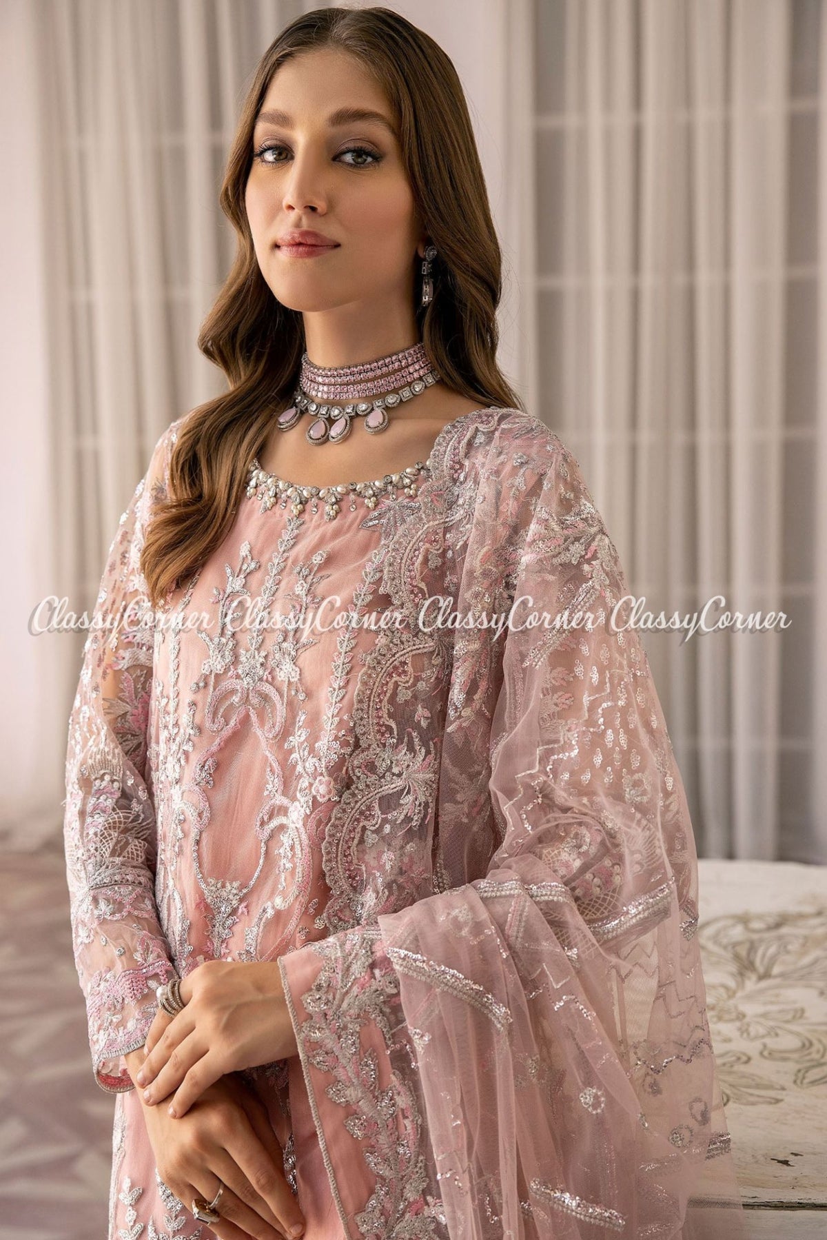 Pink Silver Net Embroidered Salwar Kameez