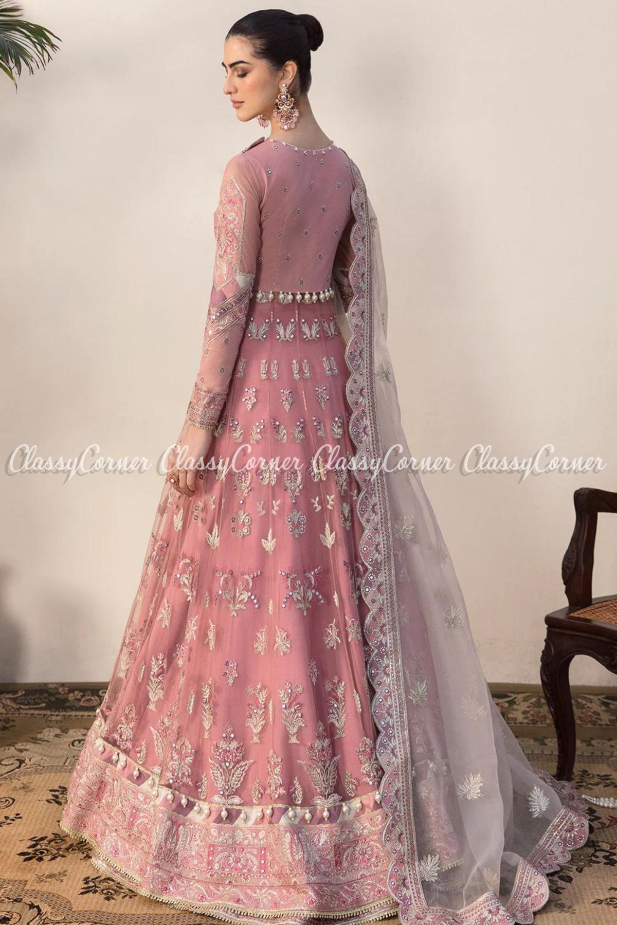 Pink White Net Embroidered Party Wear Gown Lehenga