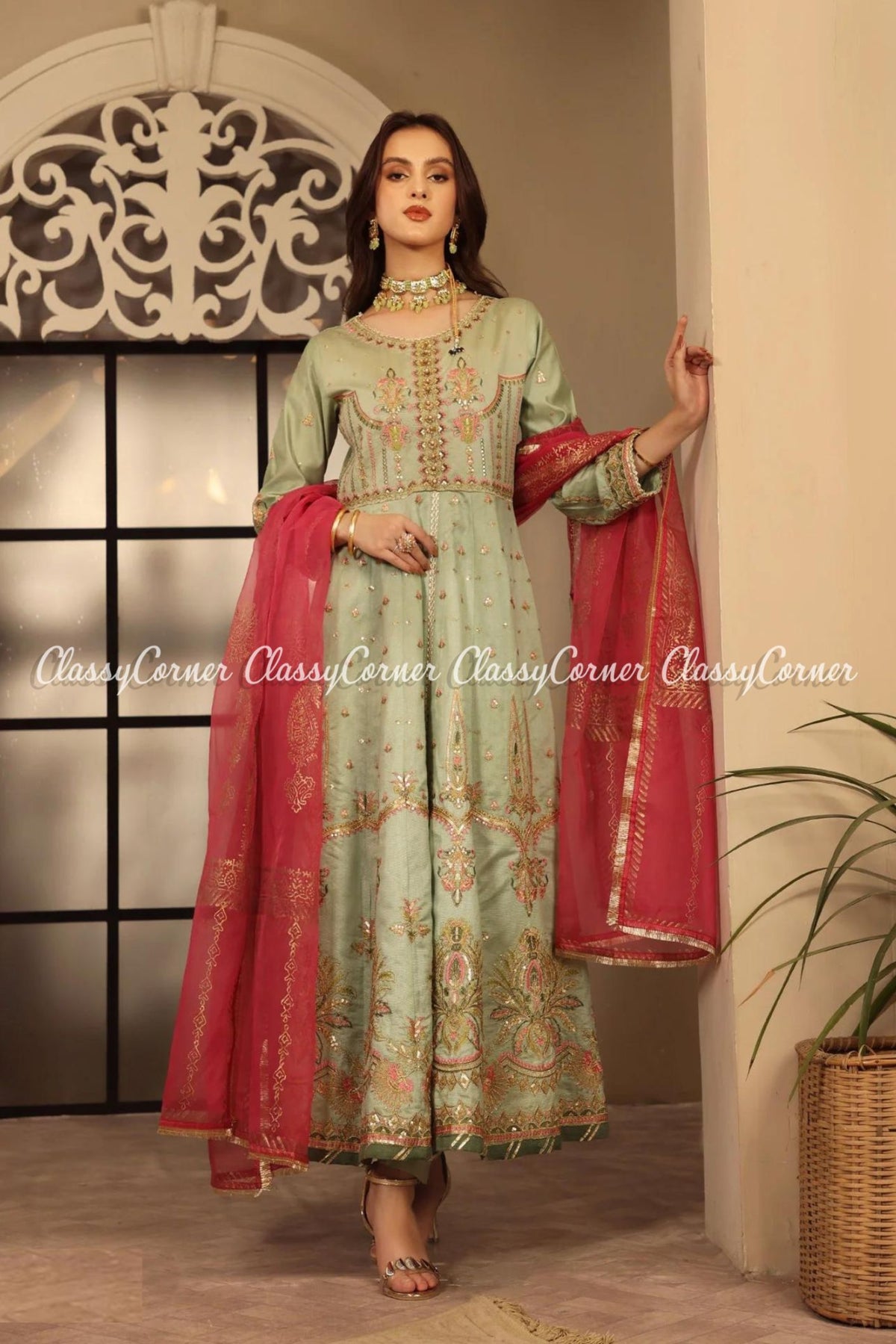 Pistachio Pink Katan Embroidered Party Wear Maxi