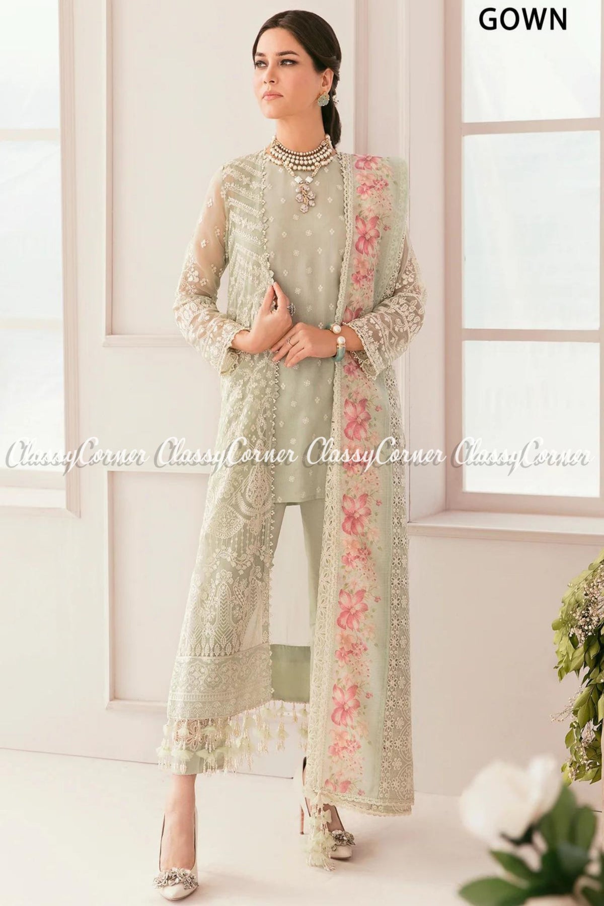 Pastel Green Pink Chiffon Pakistani Salwar Kameez Gown