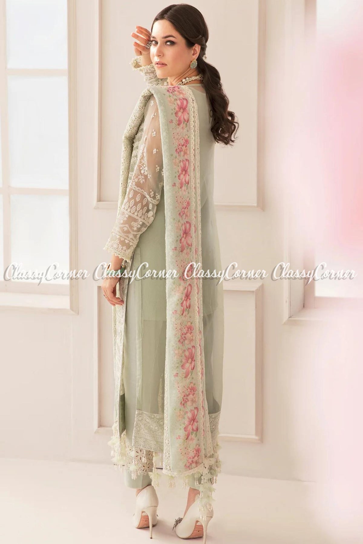 Pastel Green Pink Chiffon Pakistani Salwar Kameez Gown