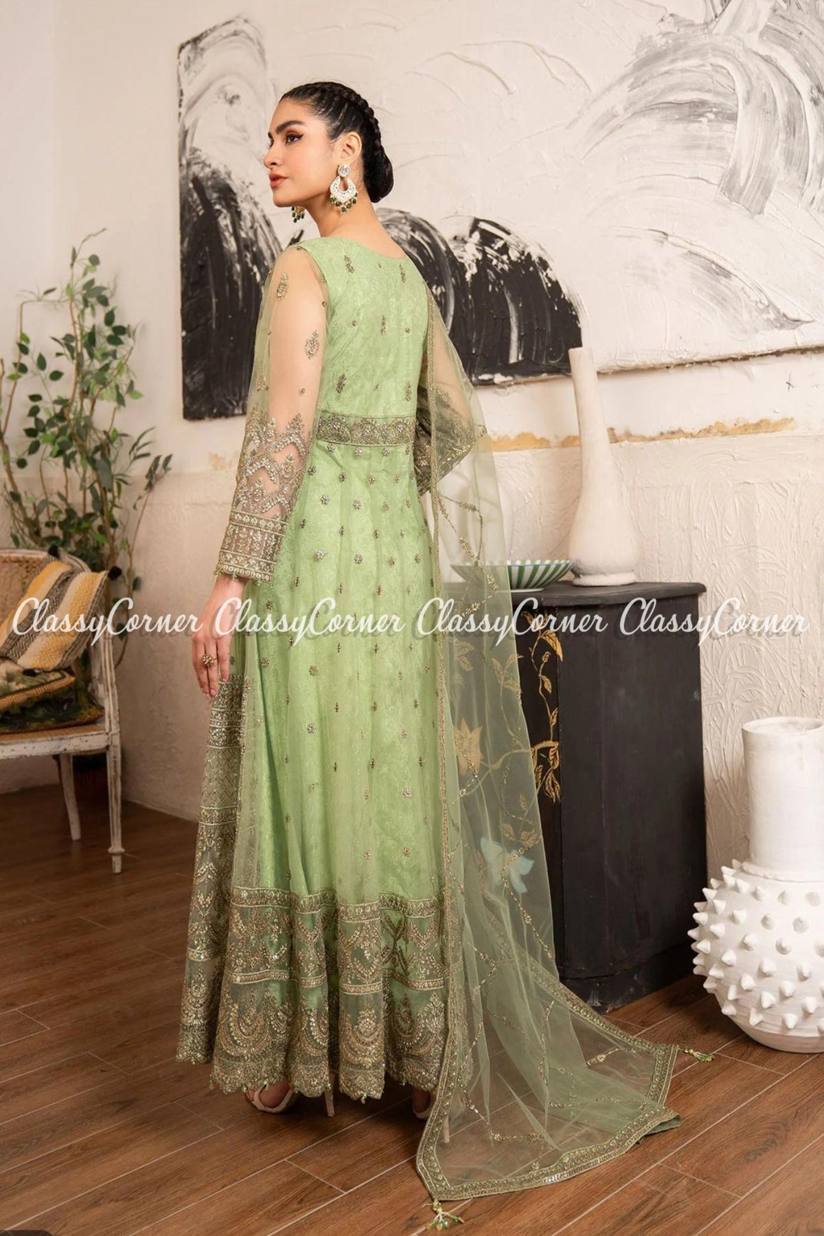 Pista Green Till Embroidered Party Wear Maxi