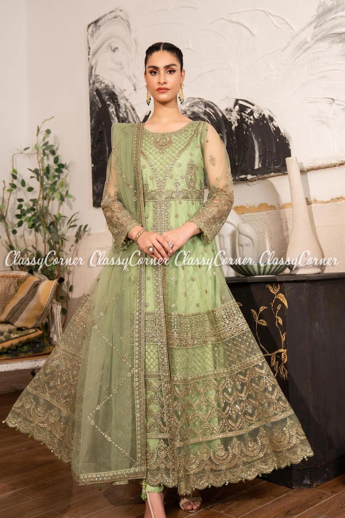 Pista Green Till Embroidered Party Wear Maxi