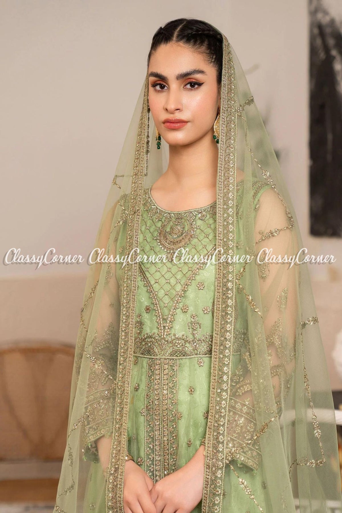 Pista Green Till Embroidered Party Wear Maxi