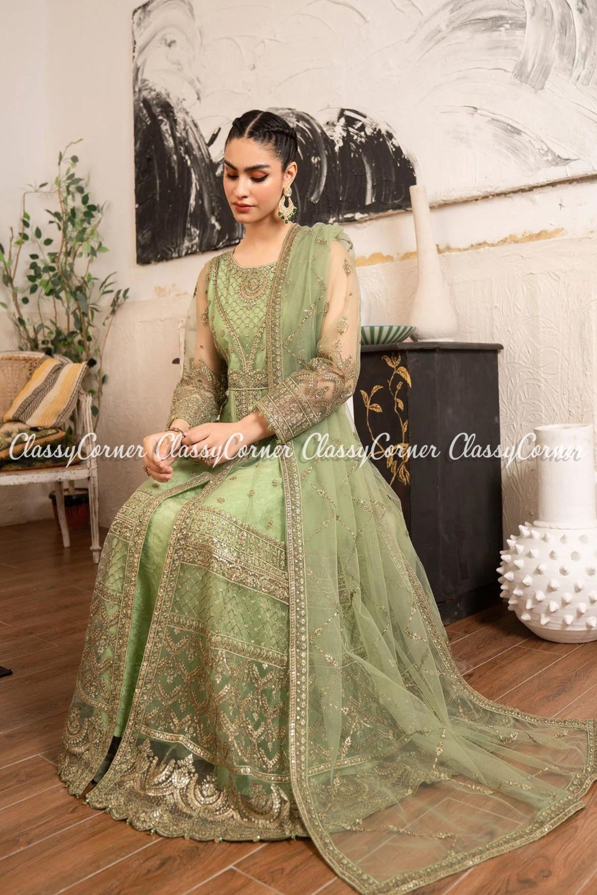 Pista Green Till Embroidered Party Wear Maxi