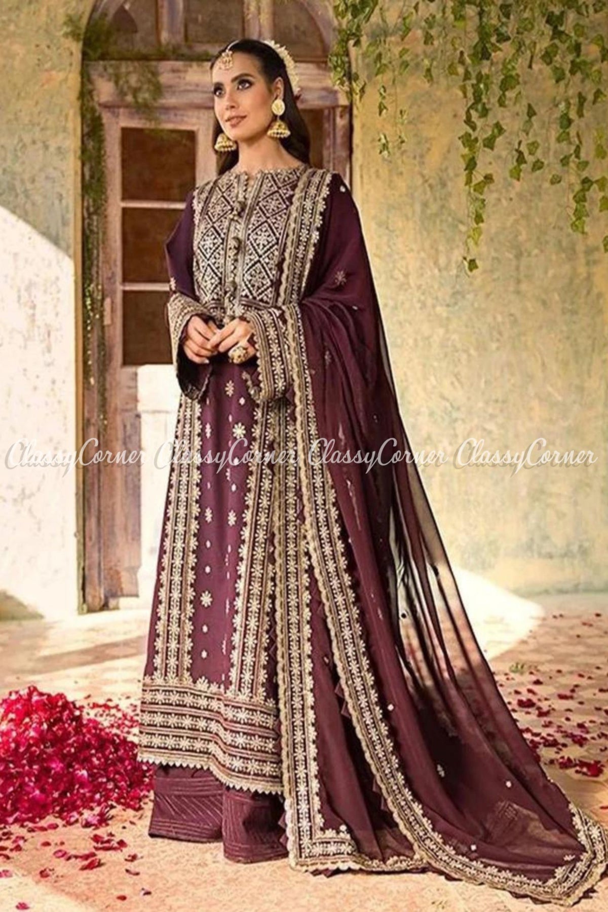 Plum Gold Embroidered Lawn Party Wear Sharara Dress