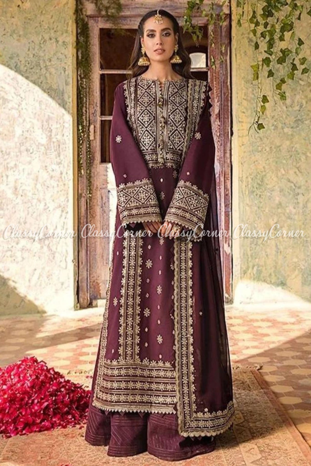 Plum Gold Embroidered Lawn Party Wear Sharara Dress