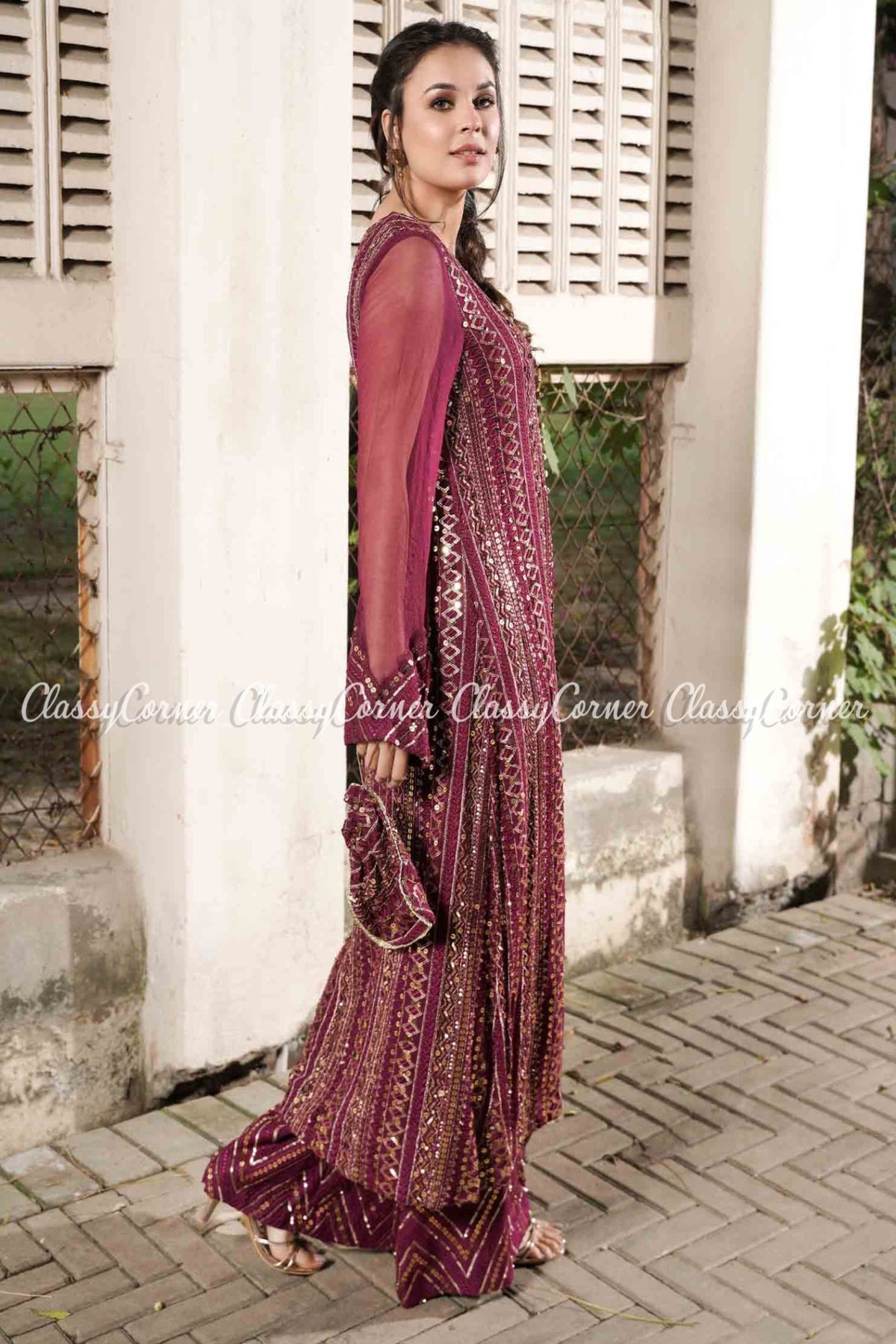 Plum Chiffon Embroidered Pakistani Party Wear Outfit