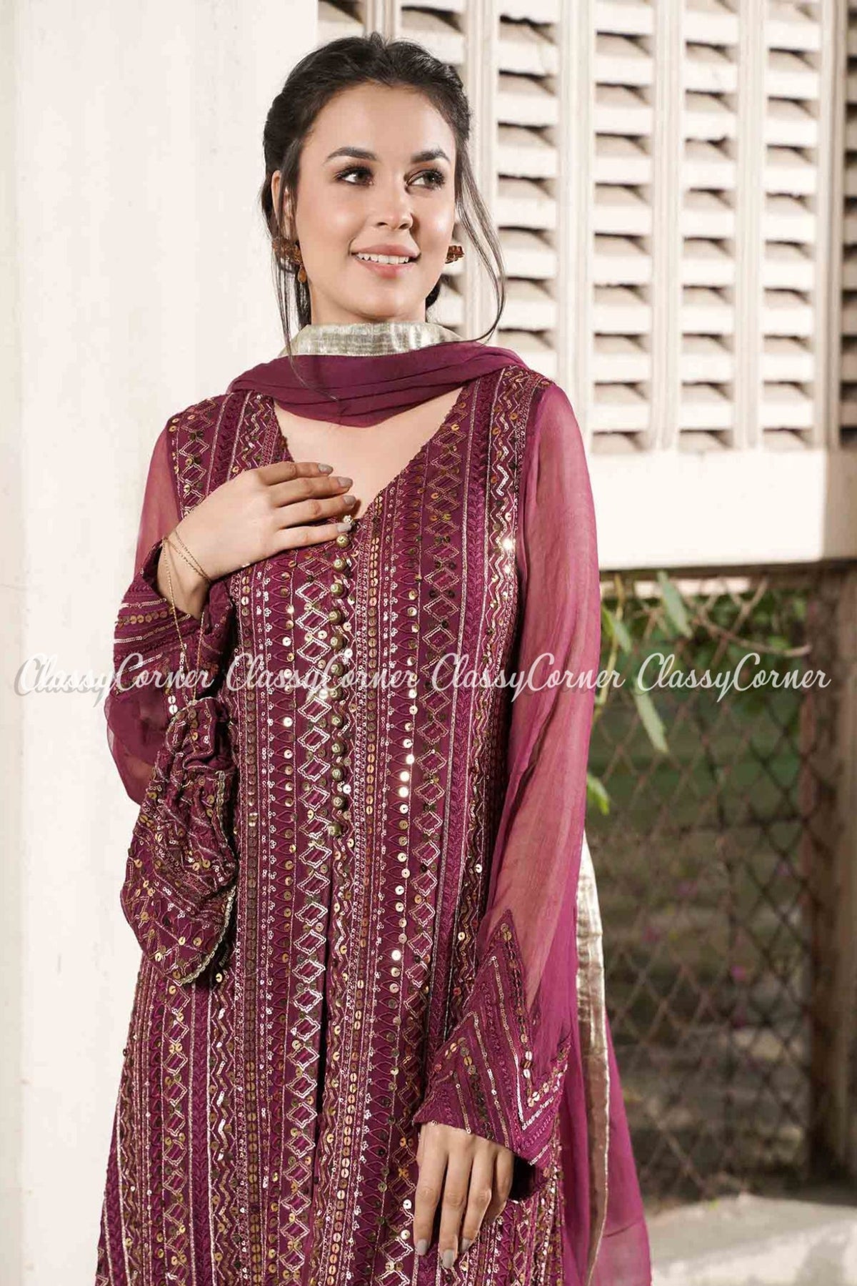 Plum Chiffon Embroidered Pakistani Party Wear Outfit