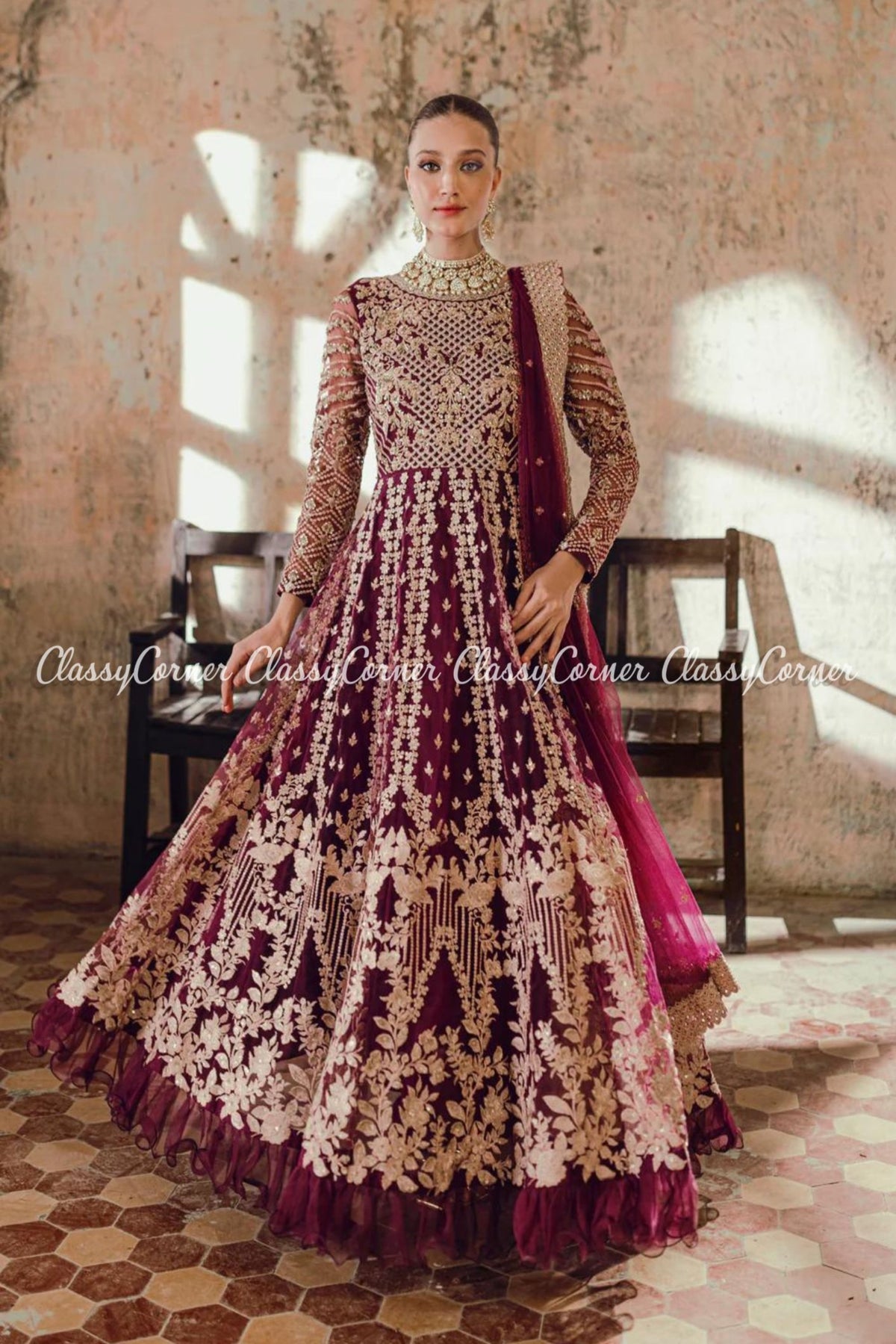 Plum Golden Net Embellished Bridal Wear Gown