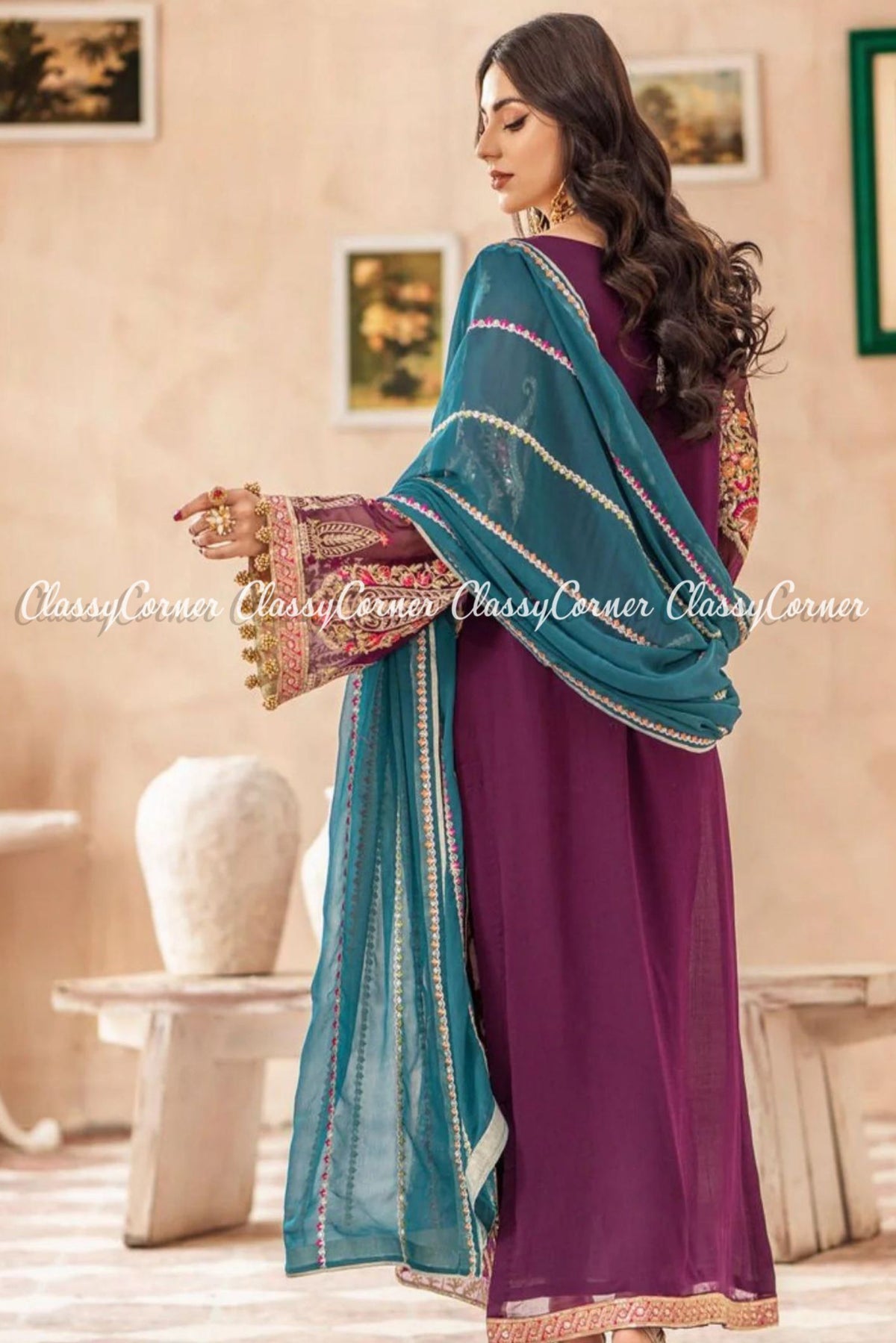 Plum Golden Chiffon Embroidered Pakistani Salwar Kameez