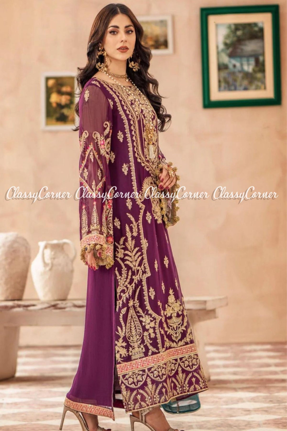 Plum Golden Chiffon Embroidered Pakistani Salwar Kameez