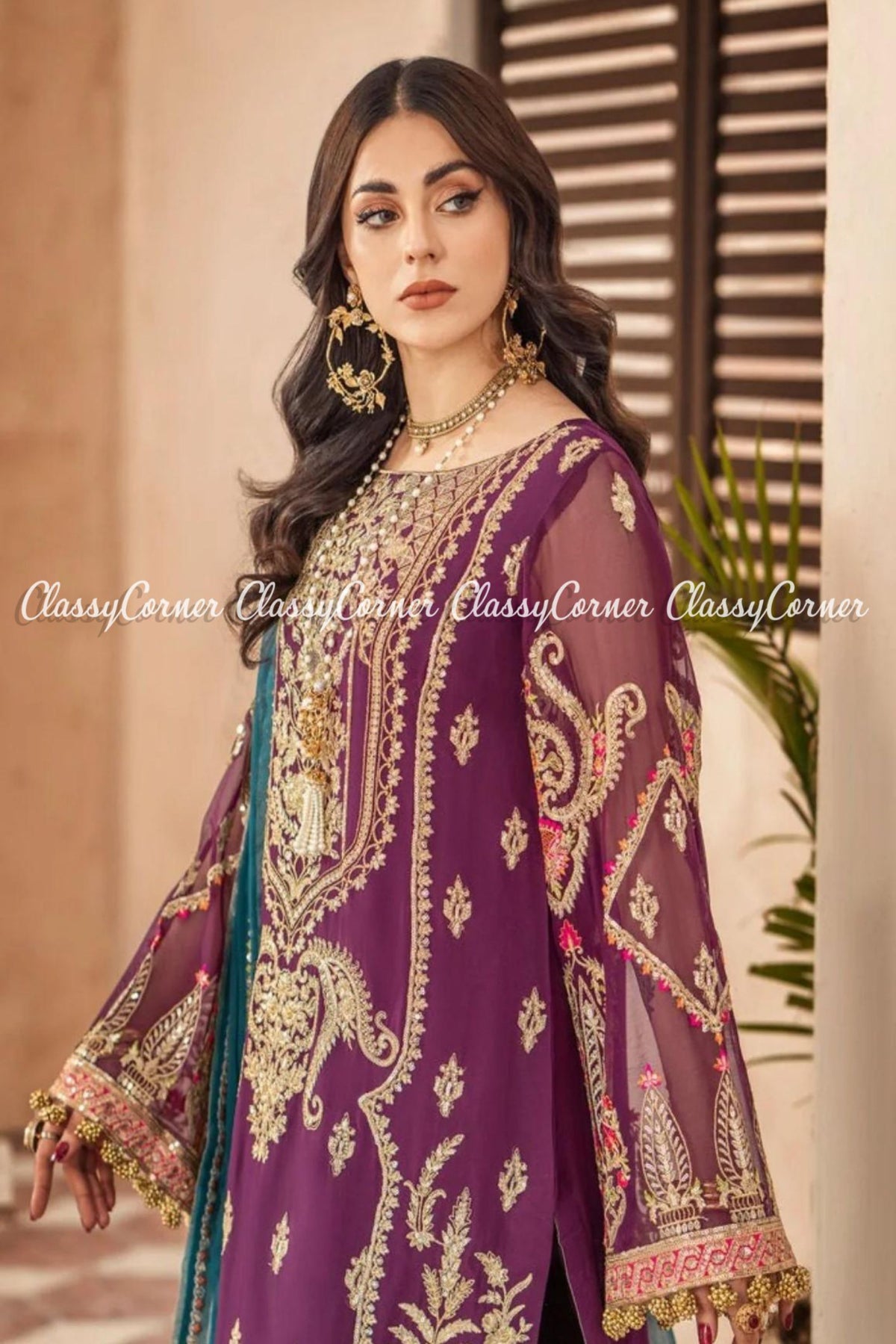 Plum Golden Chiffon Embroidered Pakistani Salwar Kameez