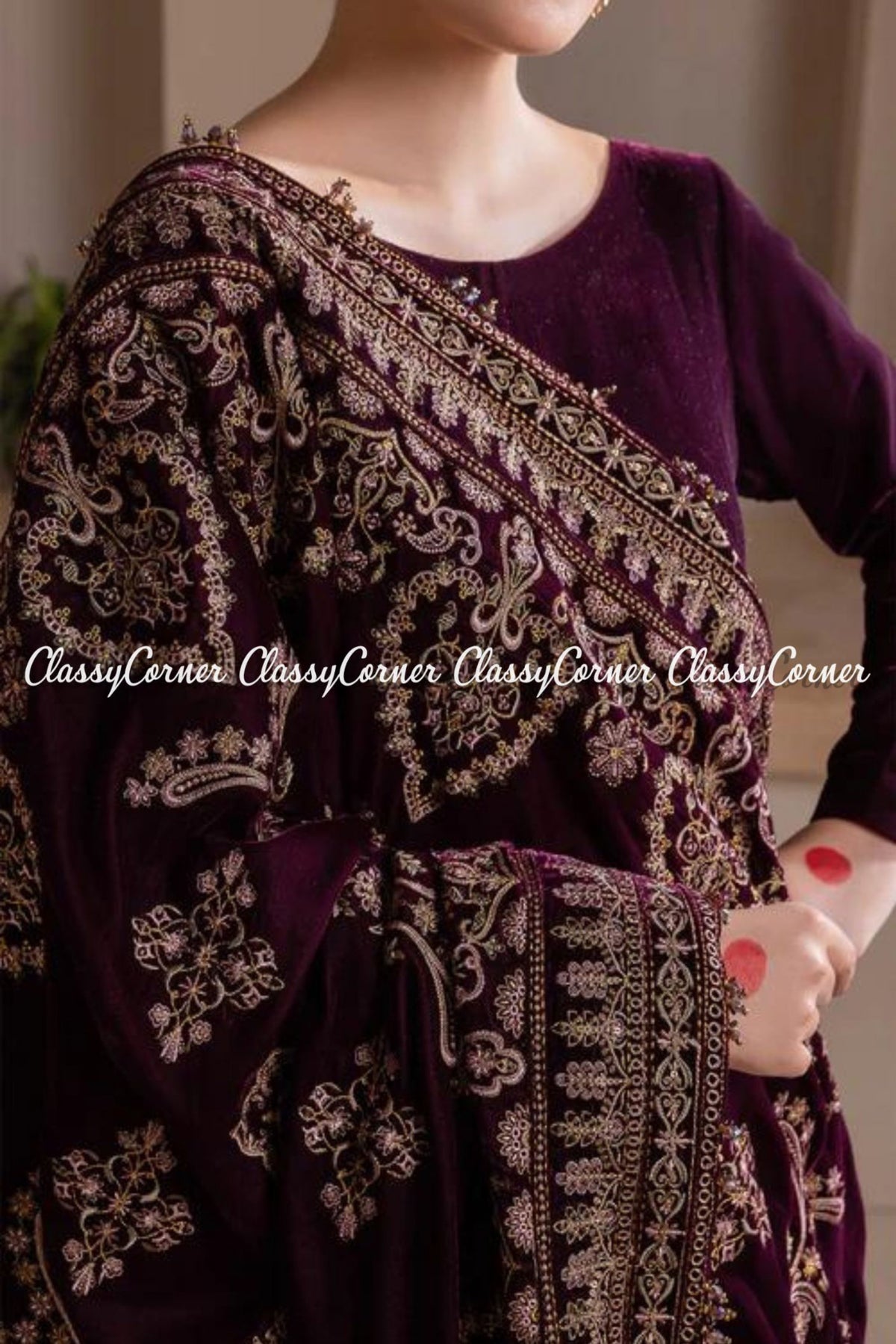 Pakistani Plum Golden Velvet Embroidered Shawl