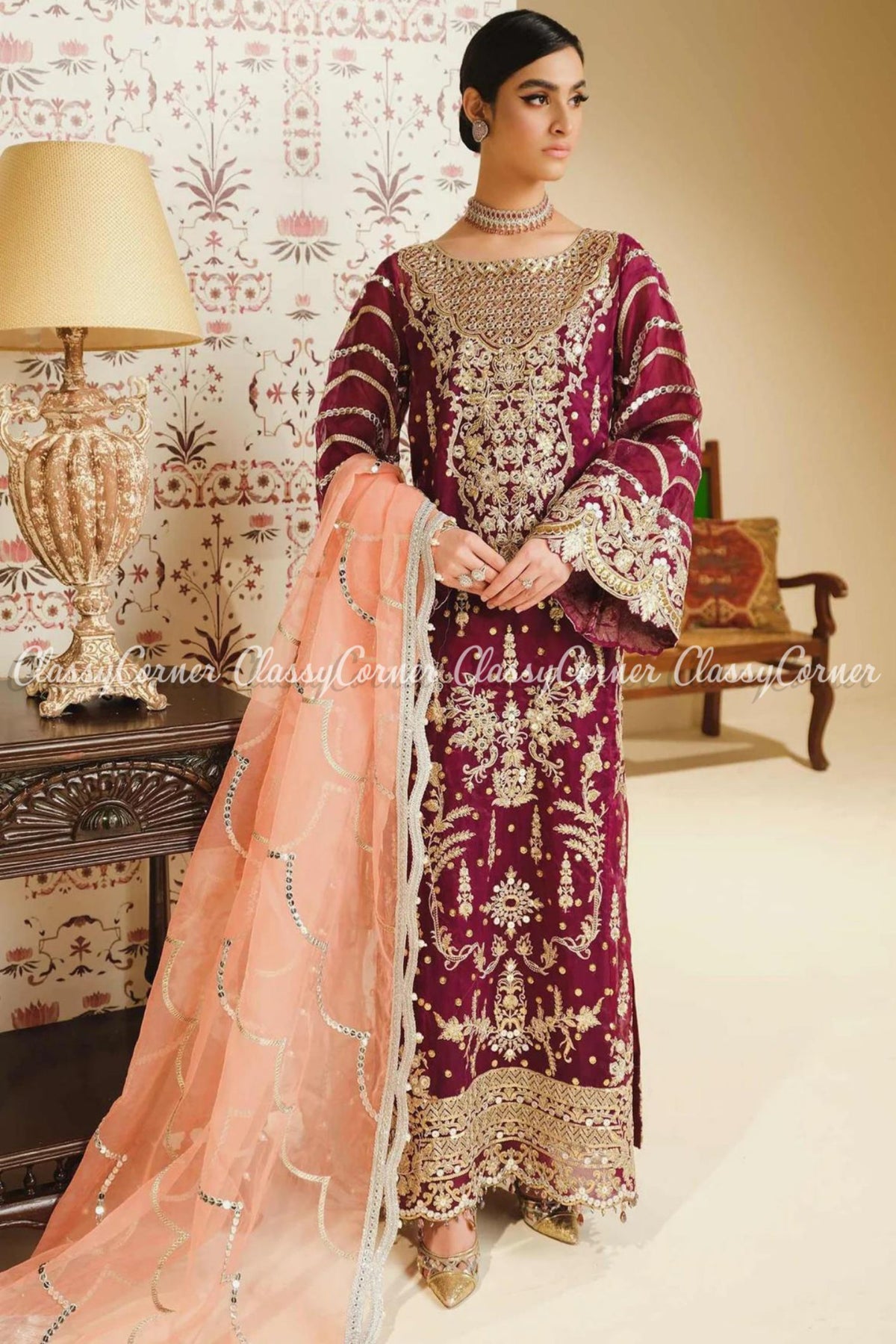 Plum Gold Peach Organza Embroidered Party Wear Salwar Kameez