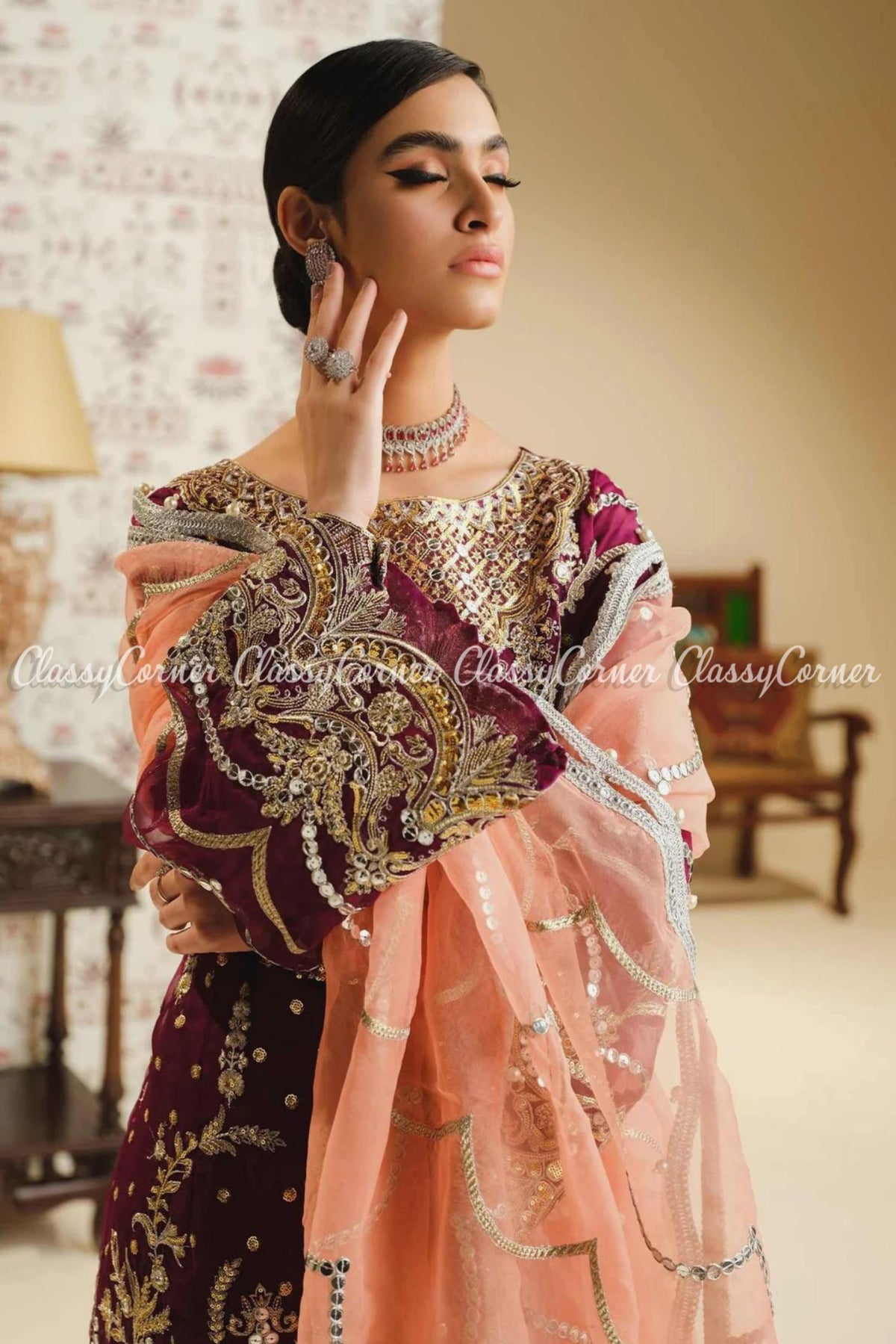 Plum Gold Peach Organza Embroidered Party Wear Salwar Kameez