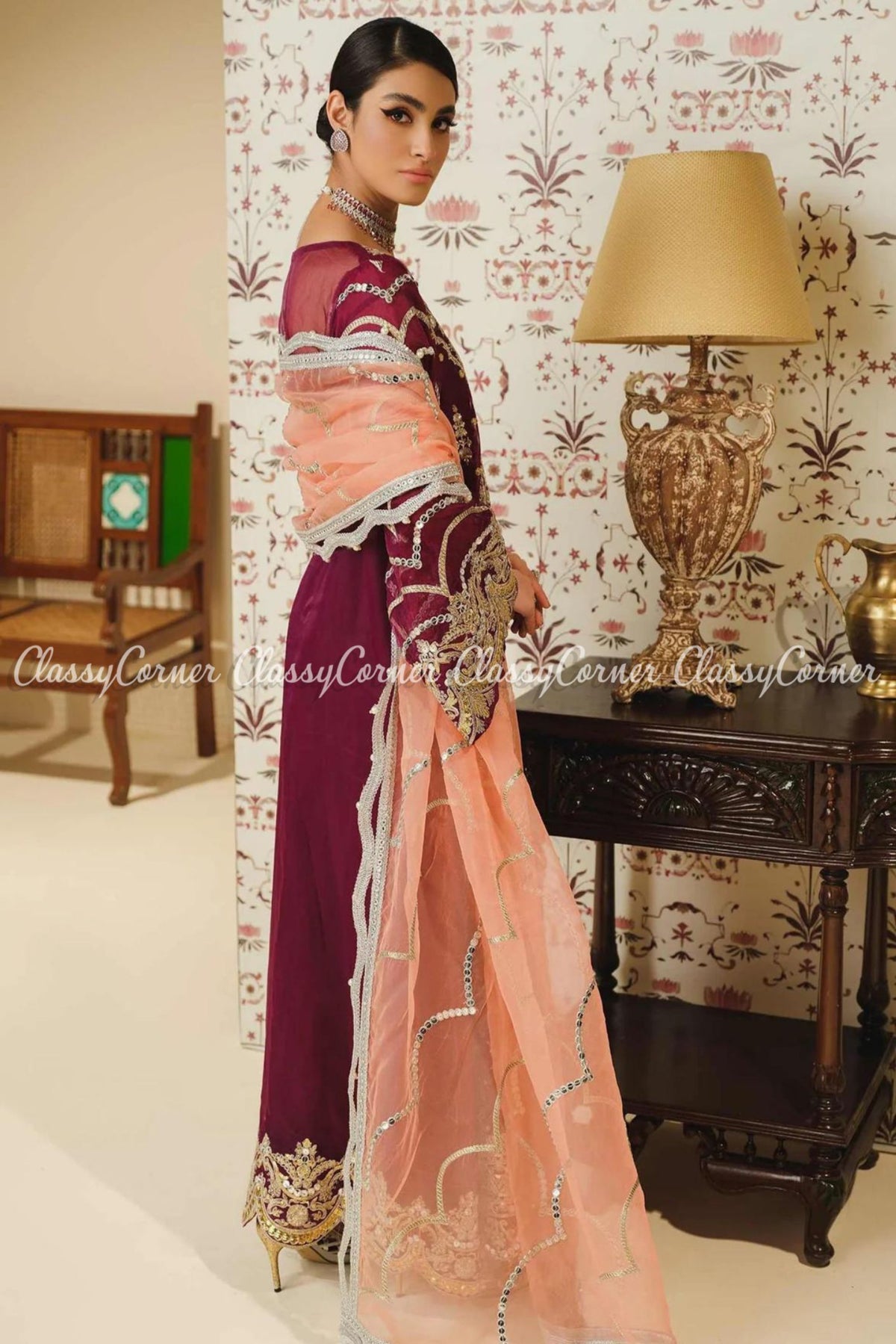 Plum Gold Peach Organza Embroidered Party Wear Salwar Kameez