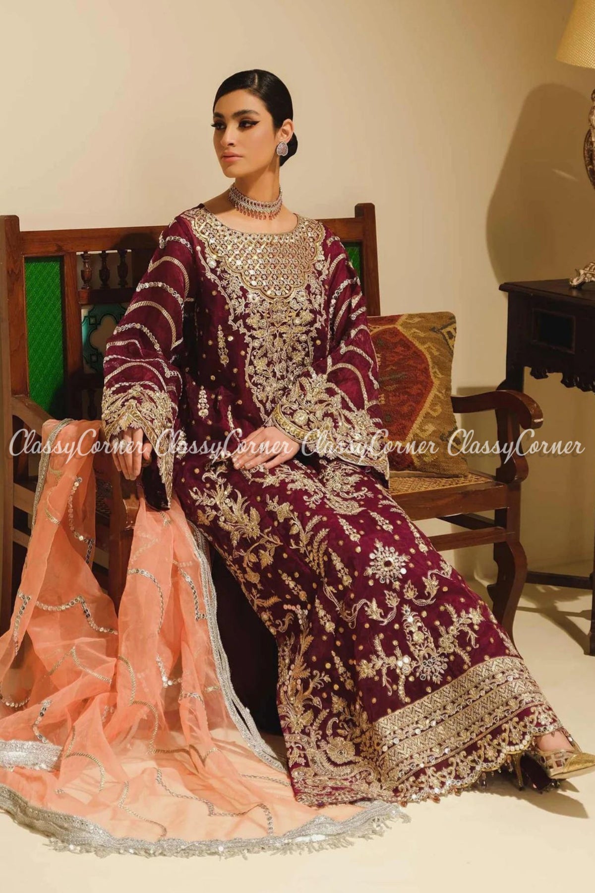 Plum Gold Peach Organza Embroidered Party Wear Salwar Kameez