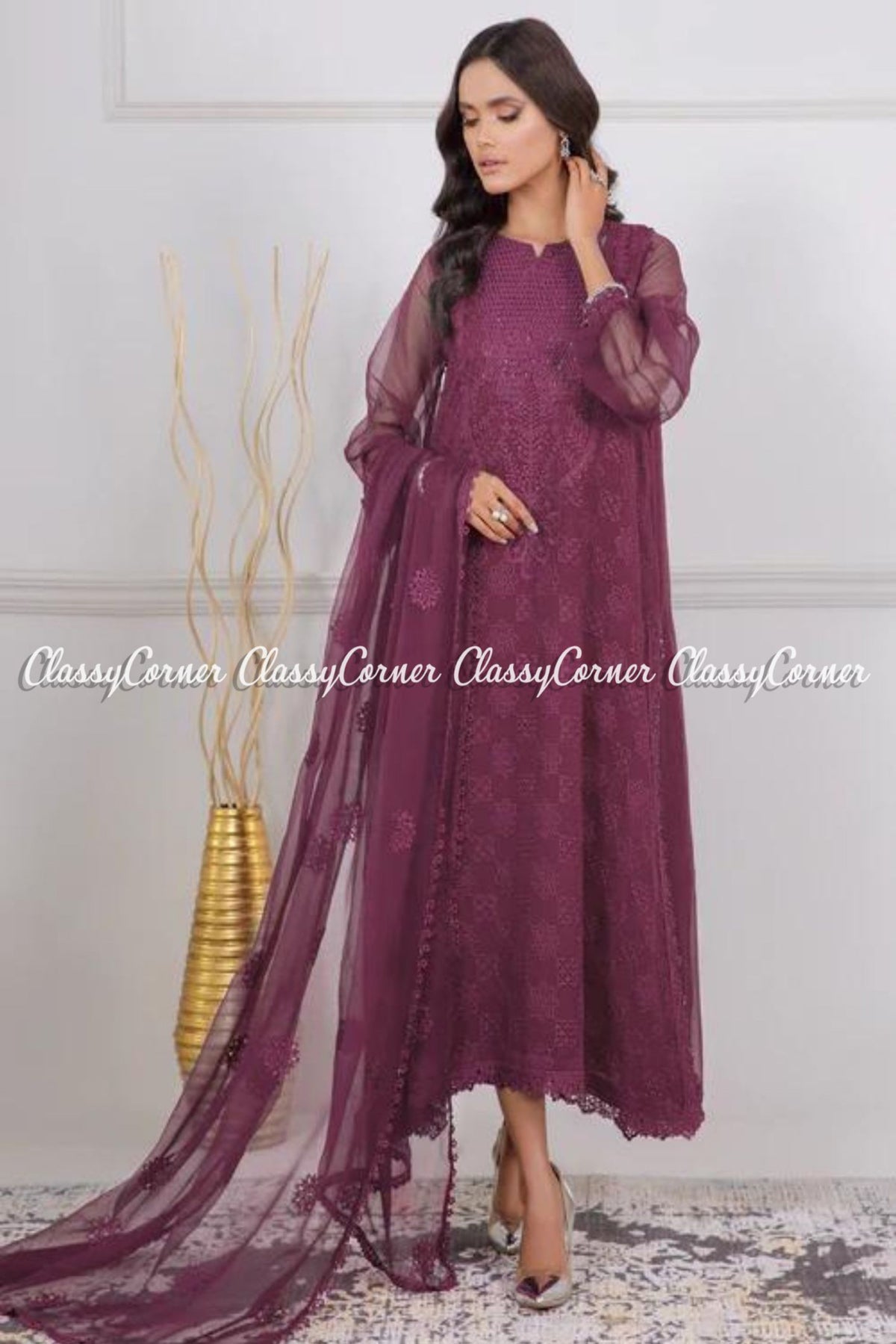 Plum Chiffon Embroidered Formal Wear Salwar Kameez