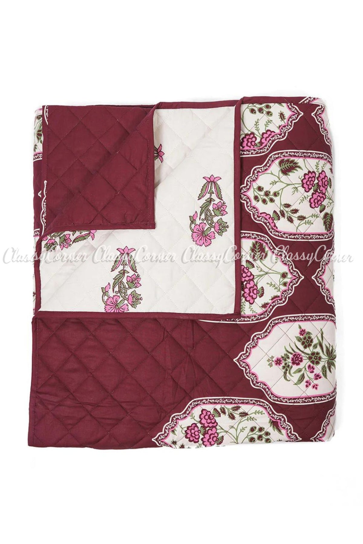 Plum White Cotton Floral Printed Bedspread Set