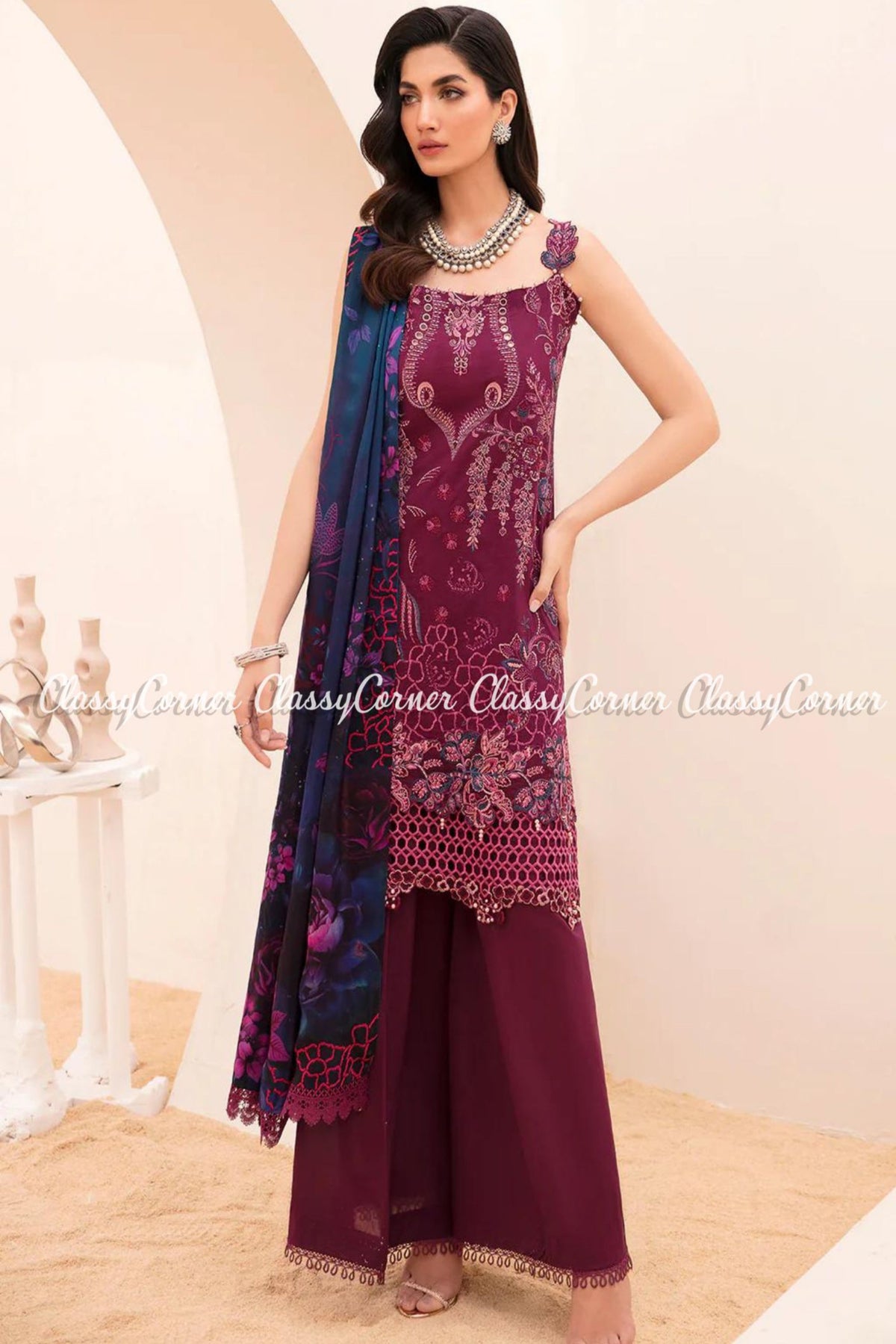 Plum Blue Lawn Embroidered Pakistani Salwar Kameez