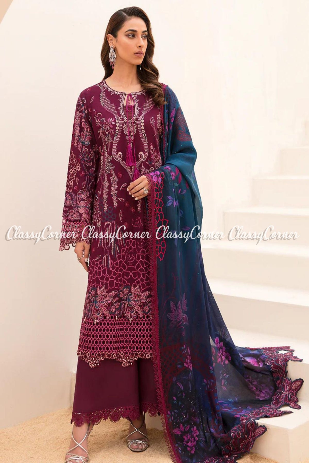 Plum Blue Lawn Embroidered Pakistani Salwar Kameez