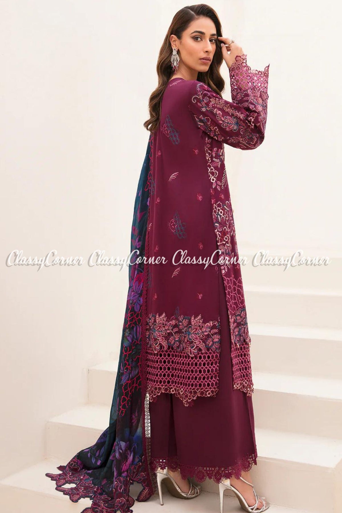 Plum Blue Lawn Embroidered Pakistani Salwar Kameez