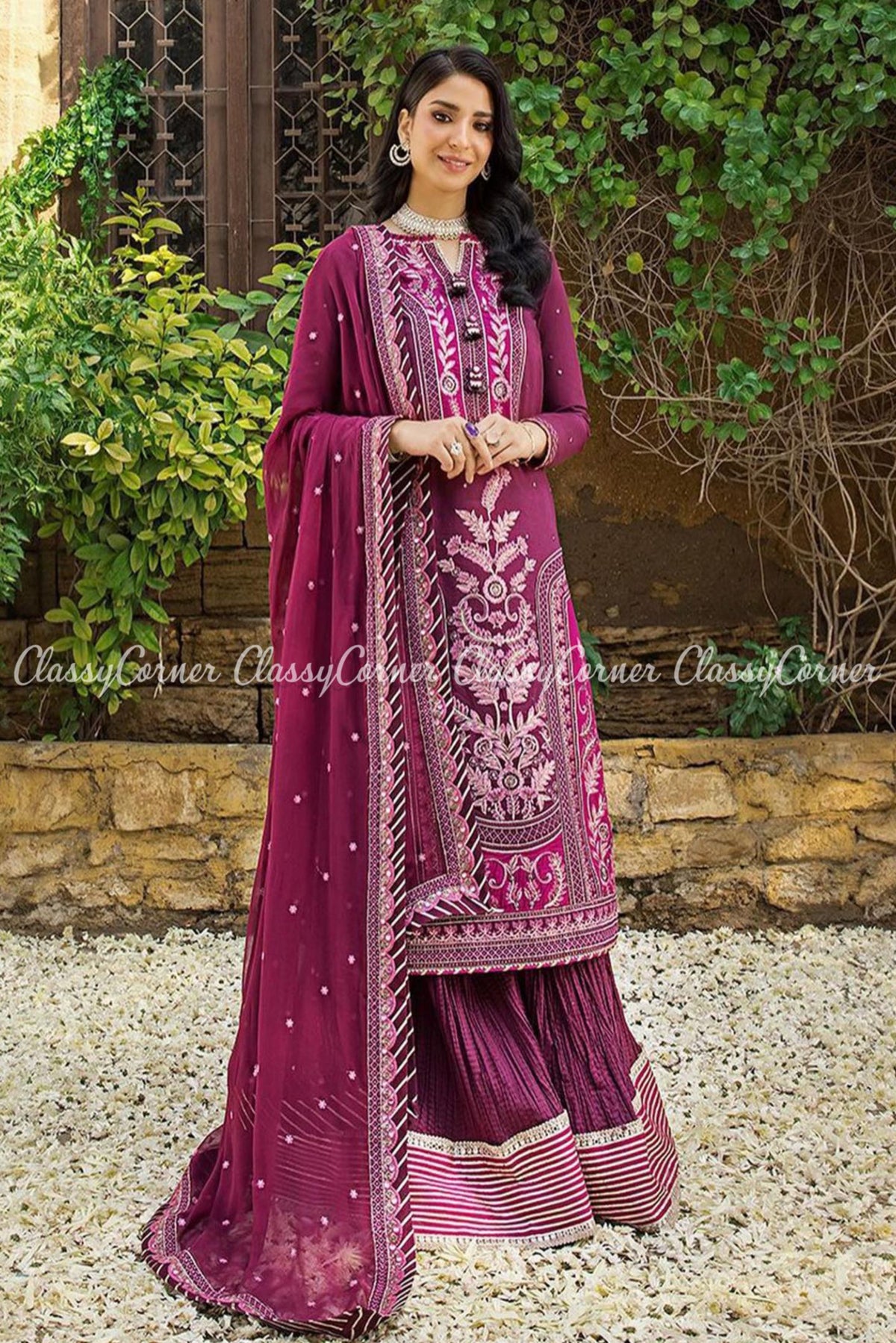 Purple Lawn Embroidered Party Wear Sharara