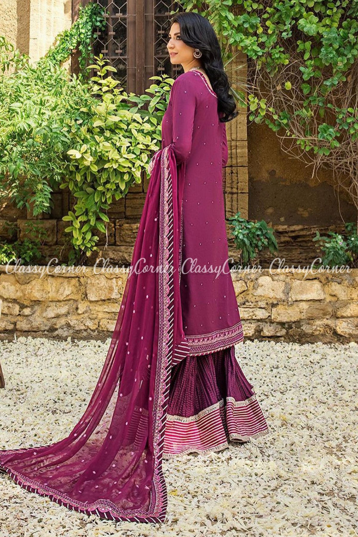 Purple Lawn Embroidered Party Wear Sharara