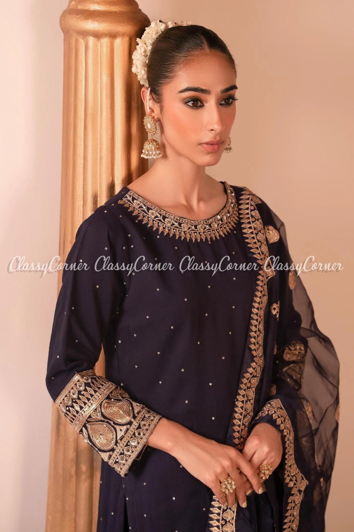 Pakistani Purple Golden Chiffon Embroidered Gharara