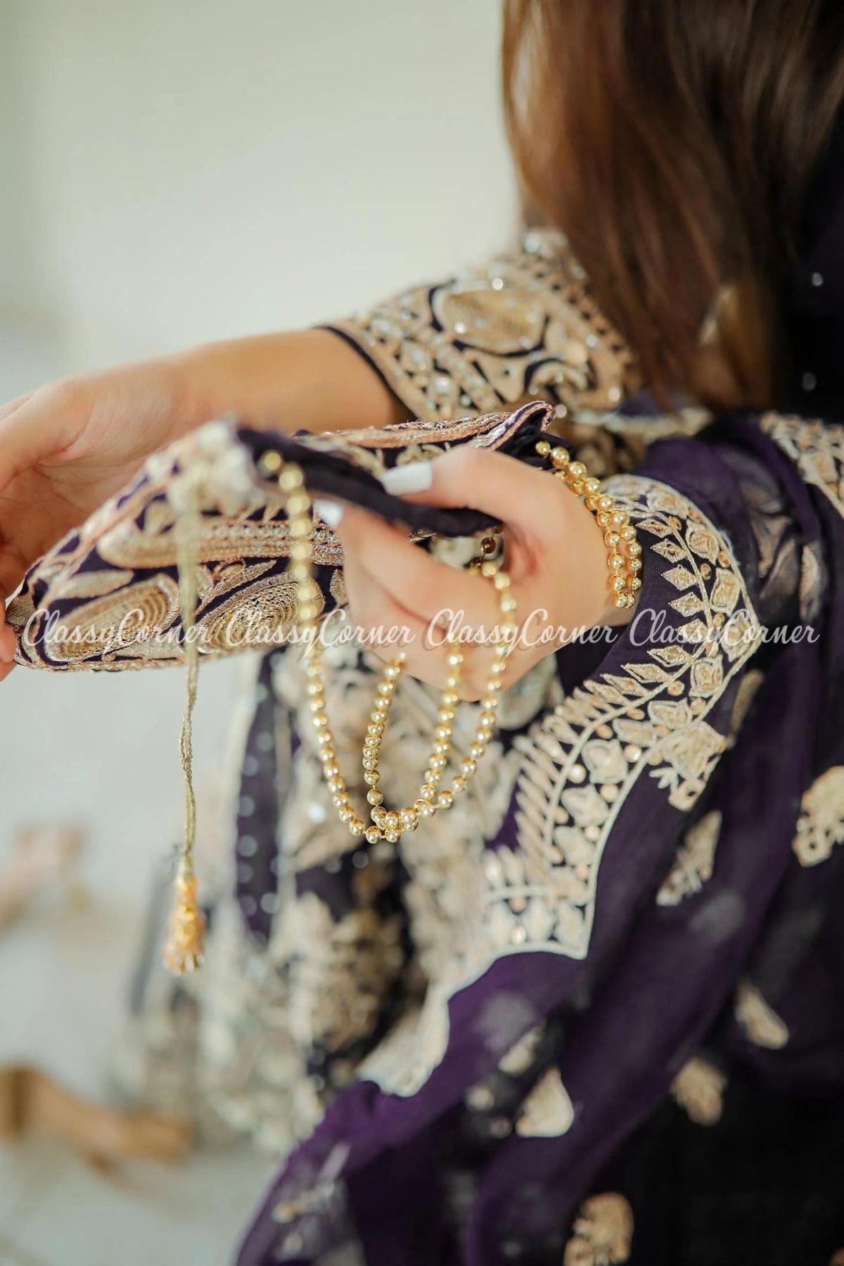 Pakistani Purple Golden Chiffon Embroidered Gharara