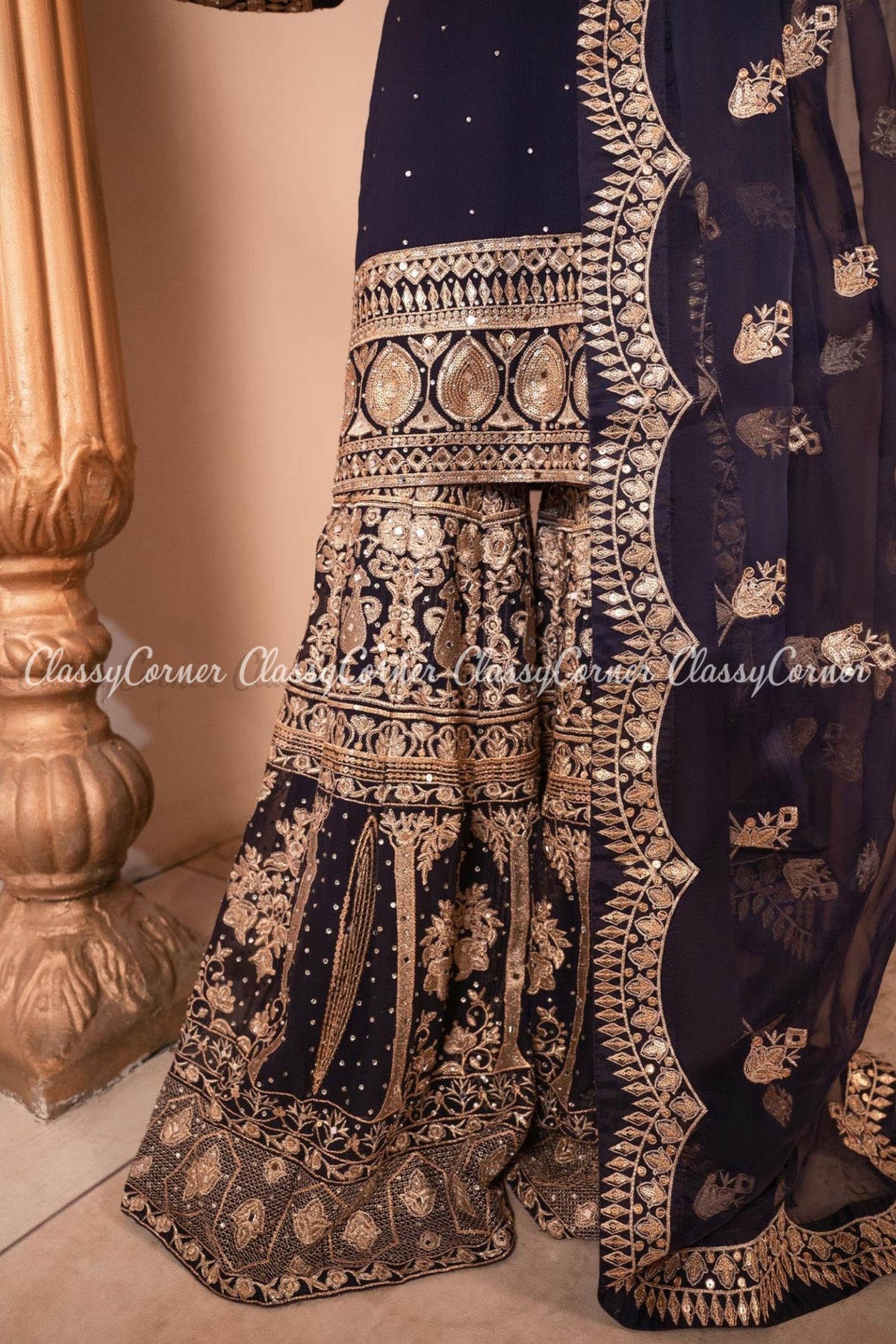 Pakistani Purple Golden Chiffon Embroidered Gharara