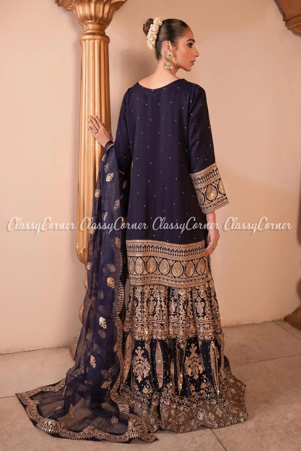 Pakistani Purple Golden Chiffon Embroidered Gharara