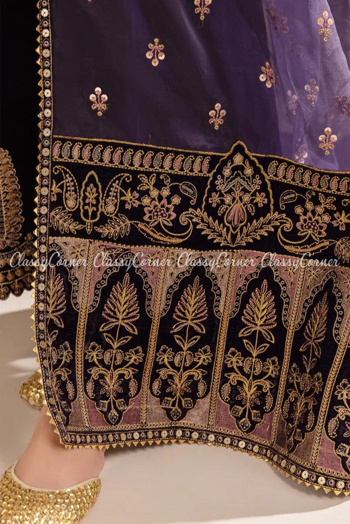 Purple Golden Embroidered Velvet Party Wear Suit