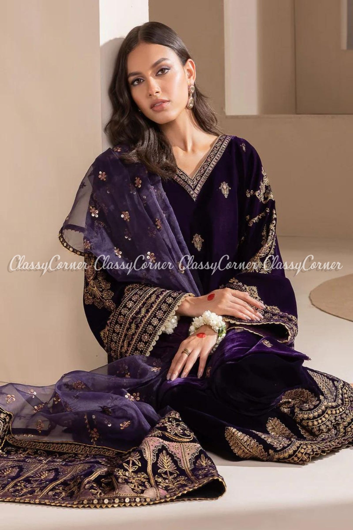 Purple Golden Embroidered Velvet Party Wear Suit