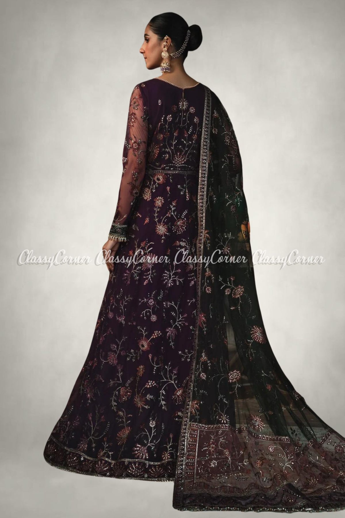 Dark Purple Green Net Embellished Party Wear Gown