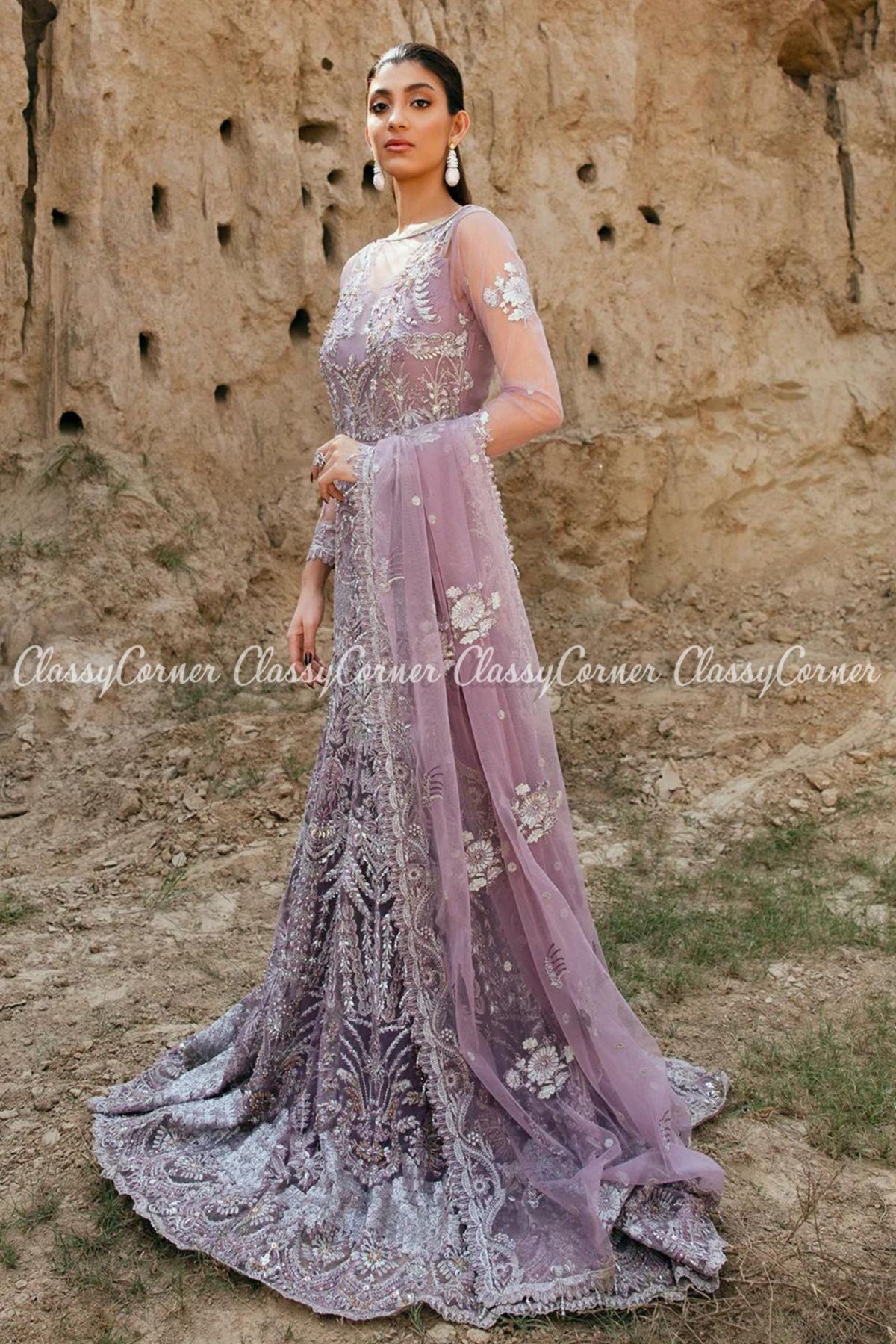 Purple Silver Net Embroidered Wedding Wear Gown