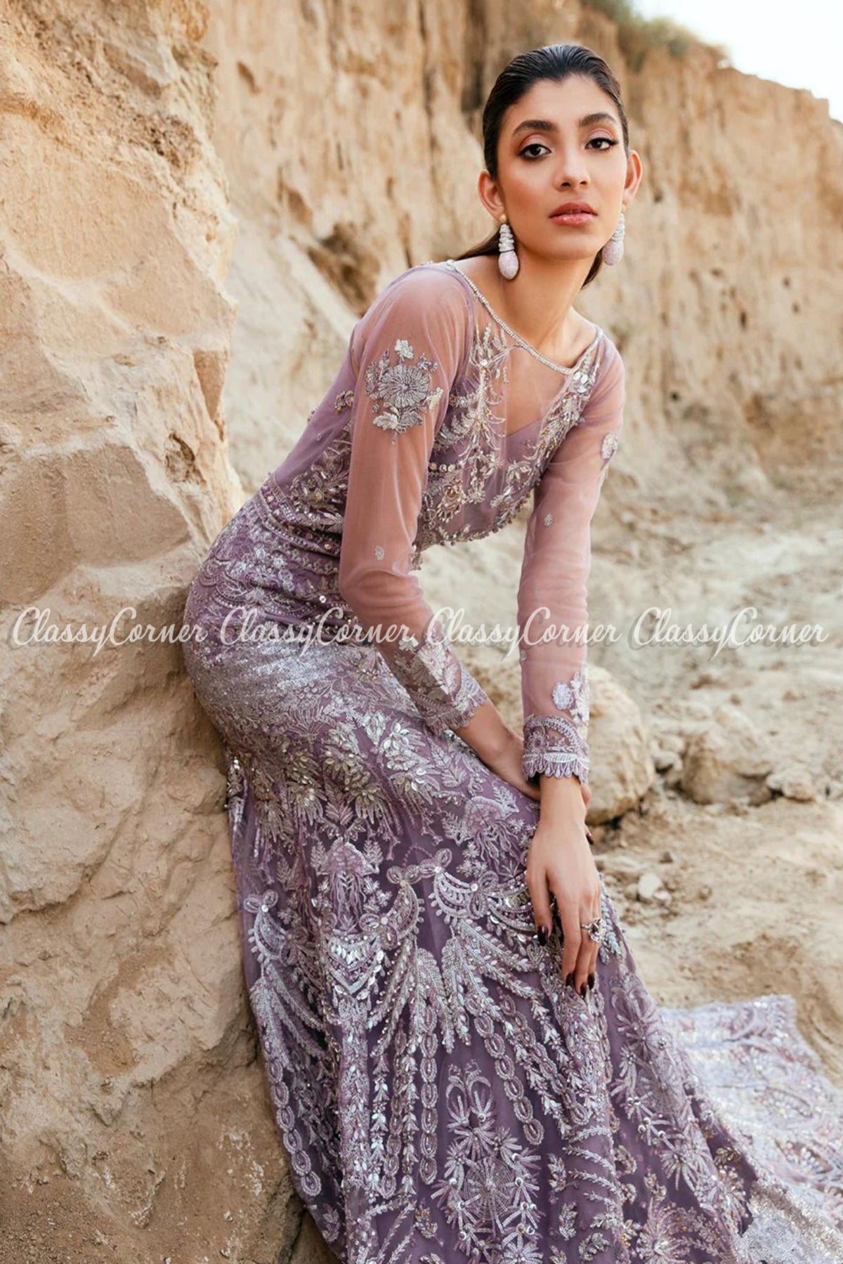 Purple Silver Net Embroidered Wedding Wear Gown