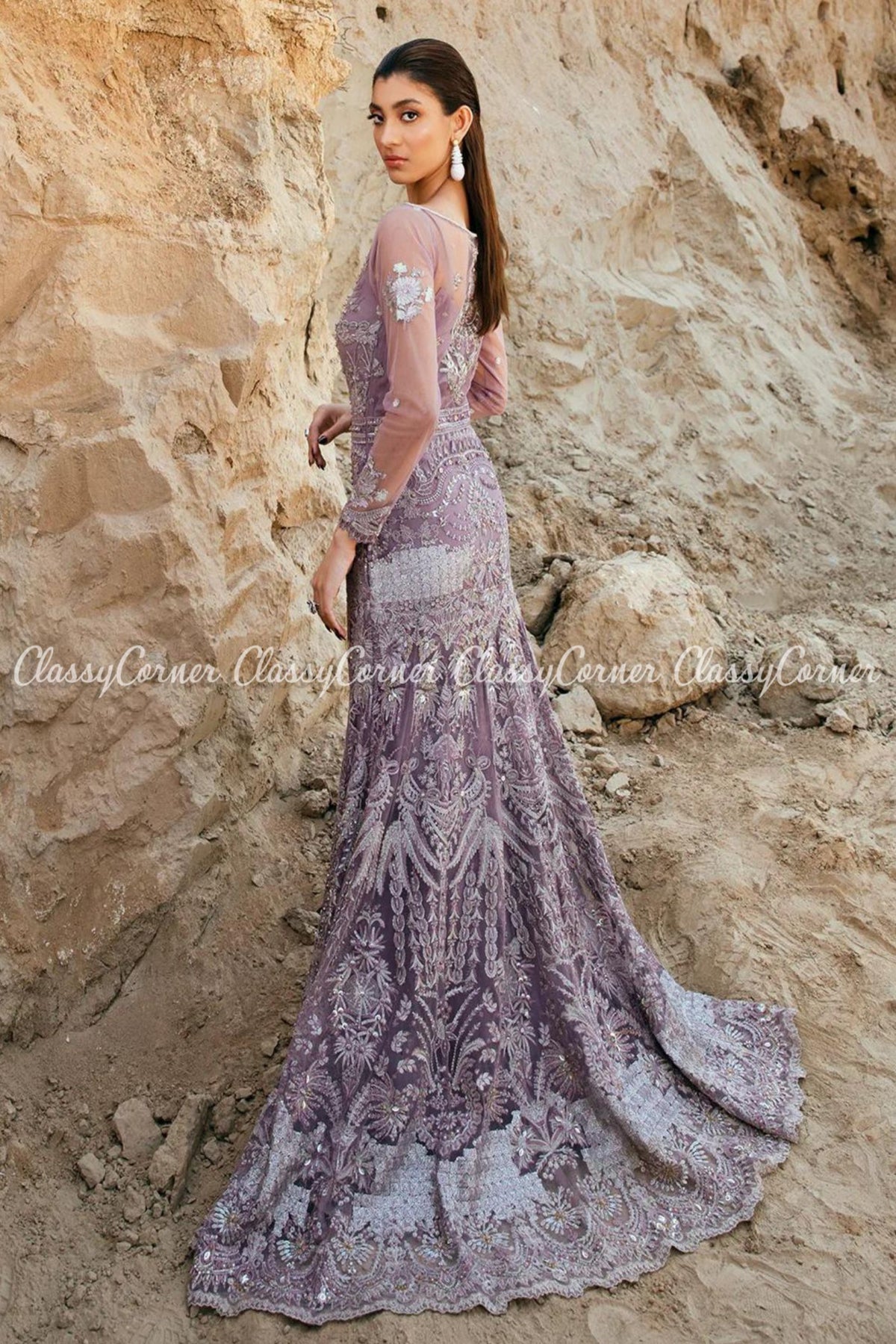 Purple Silver Net Embroidered Wedding Wear Gown