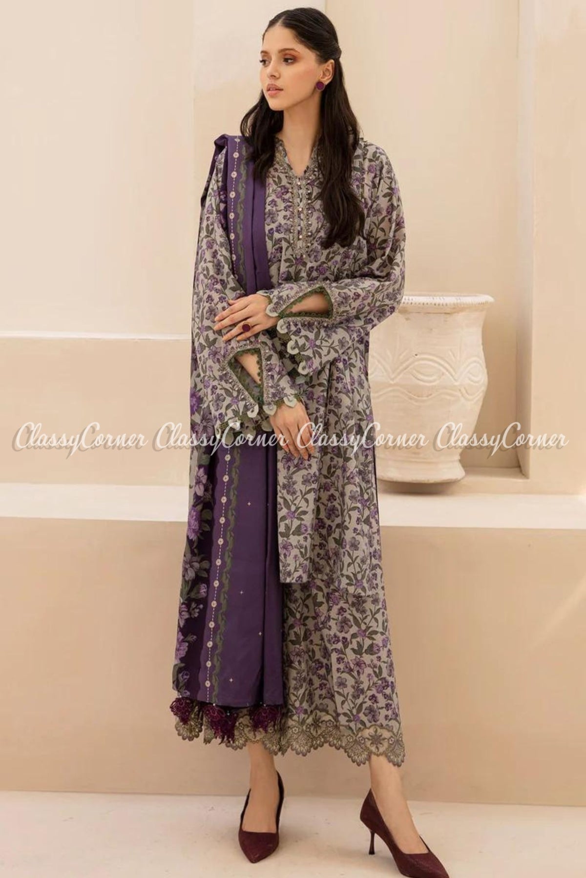 Pakistani Purple Grey Printed Viscose Salwar Kameez