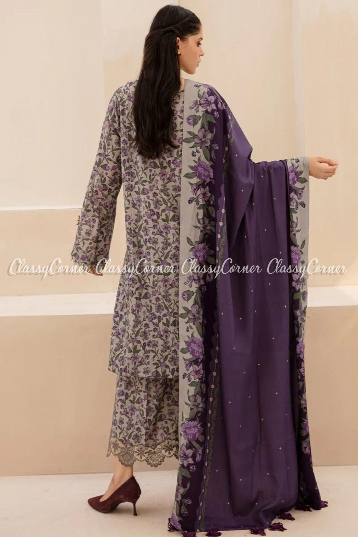 Pakistani Purple Grey Printed Viscose Salwar Kameez