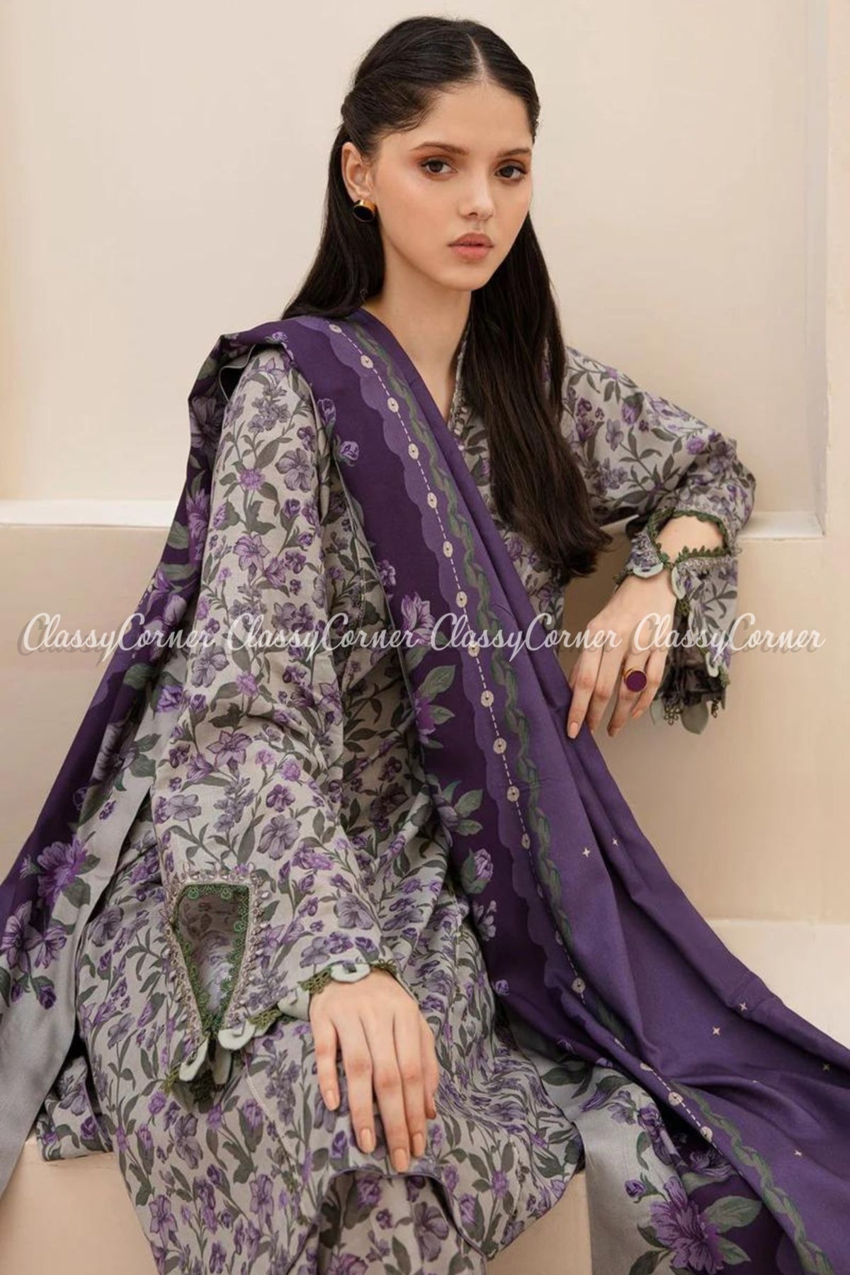 Pakistani Purple Grey Printed Viscose Salwar Kameez