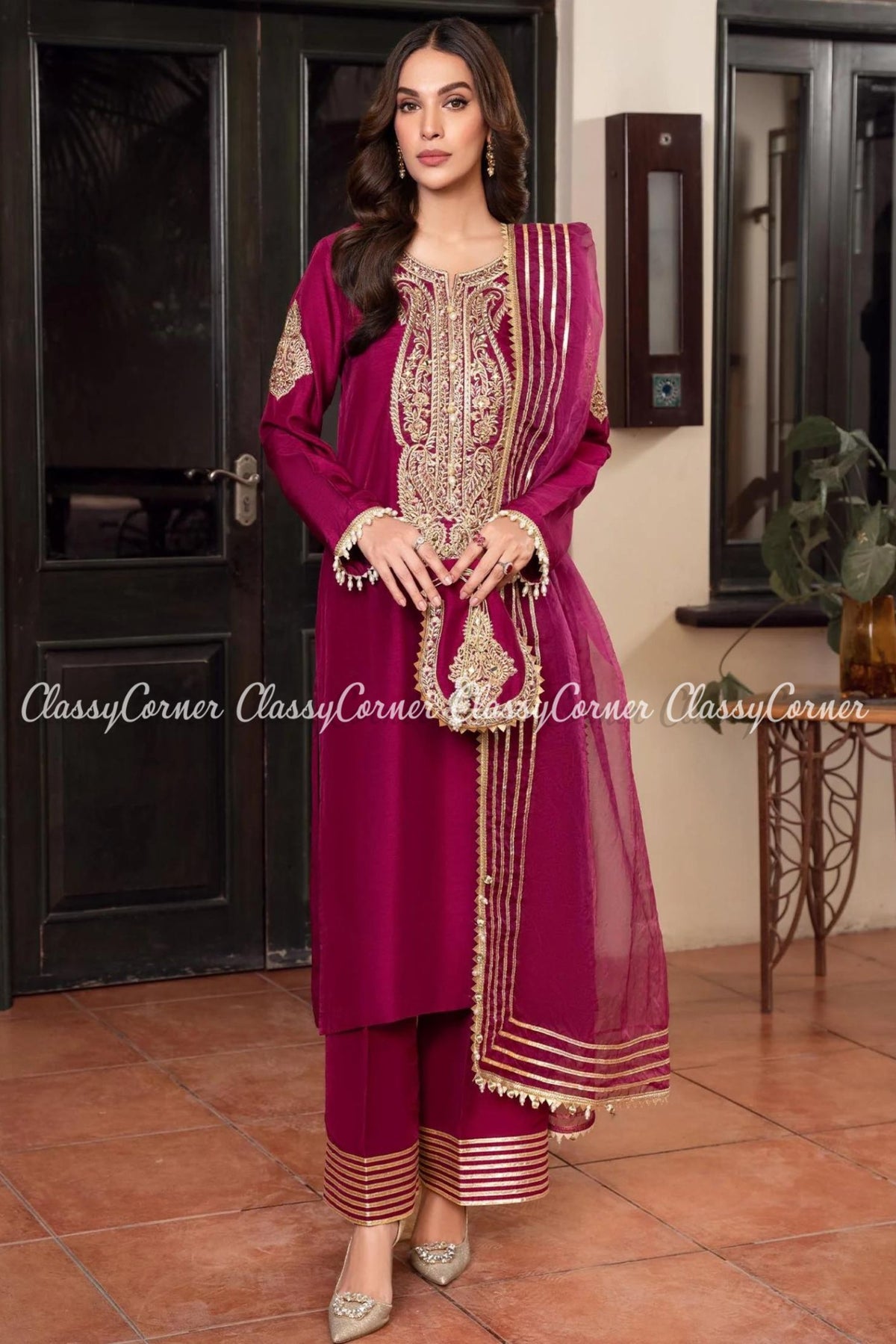 Purple Golden Khaddi Silk Party Wear Outfit