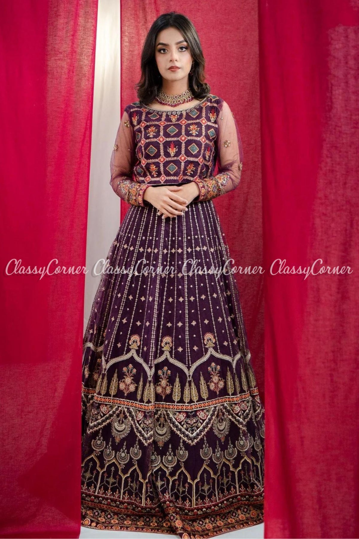 Purple Multicolor Net Embroidered Lehenga Choli