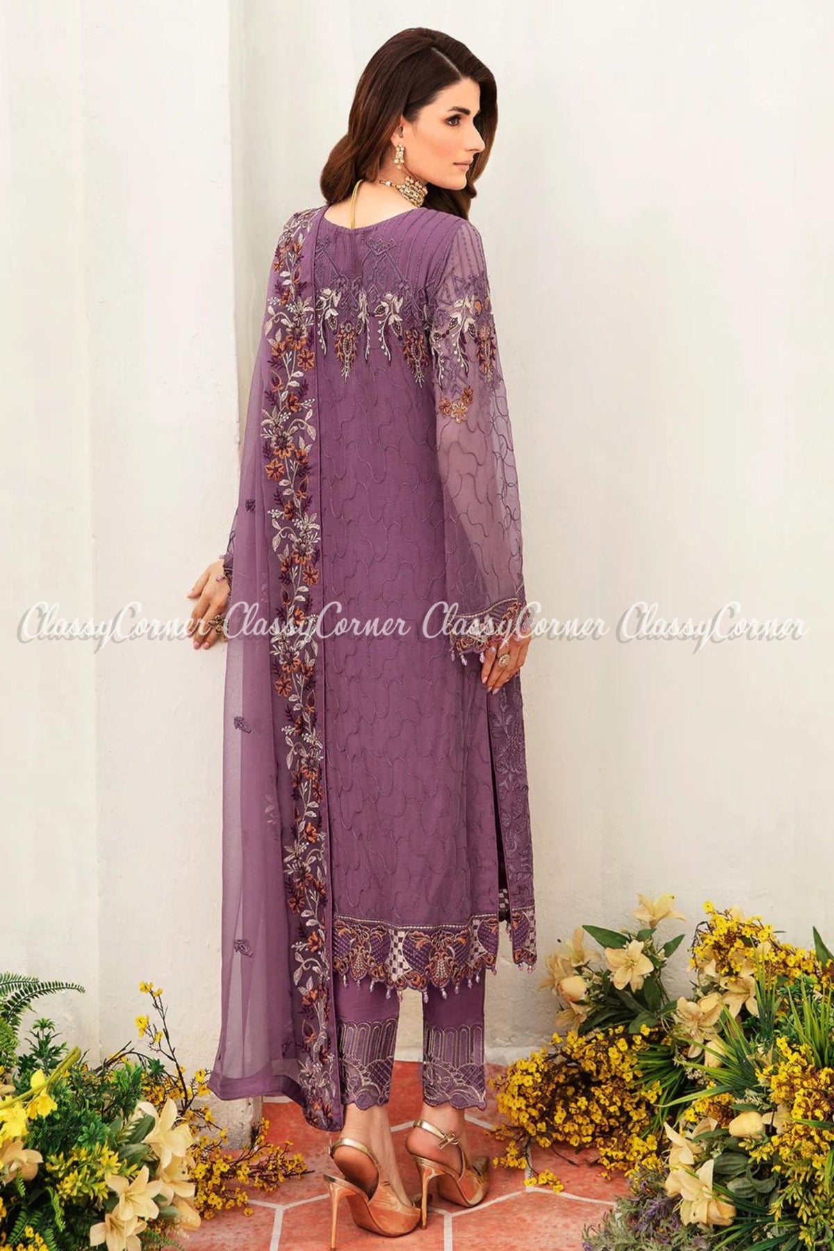 Purple Orange Chiffon Embroidered Pakistani Salwar Kameez