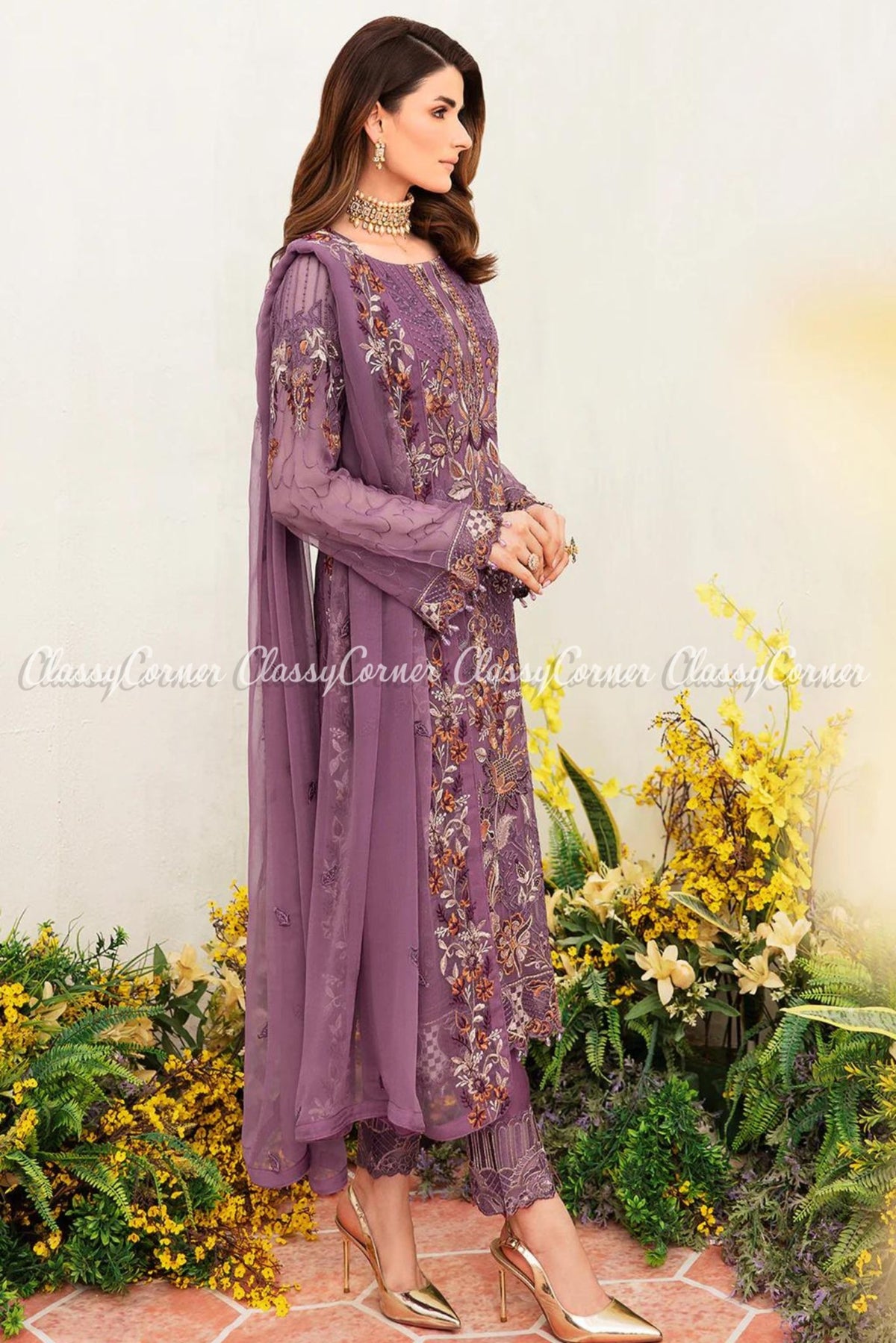 Purple Orange Chiffon Embroidered Pakistani Salwar Kameez